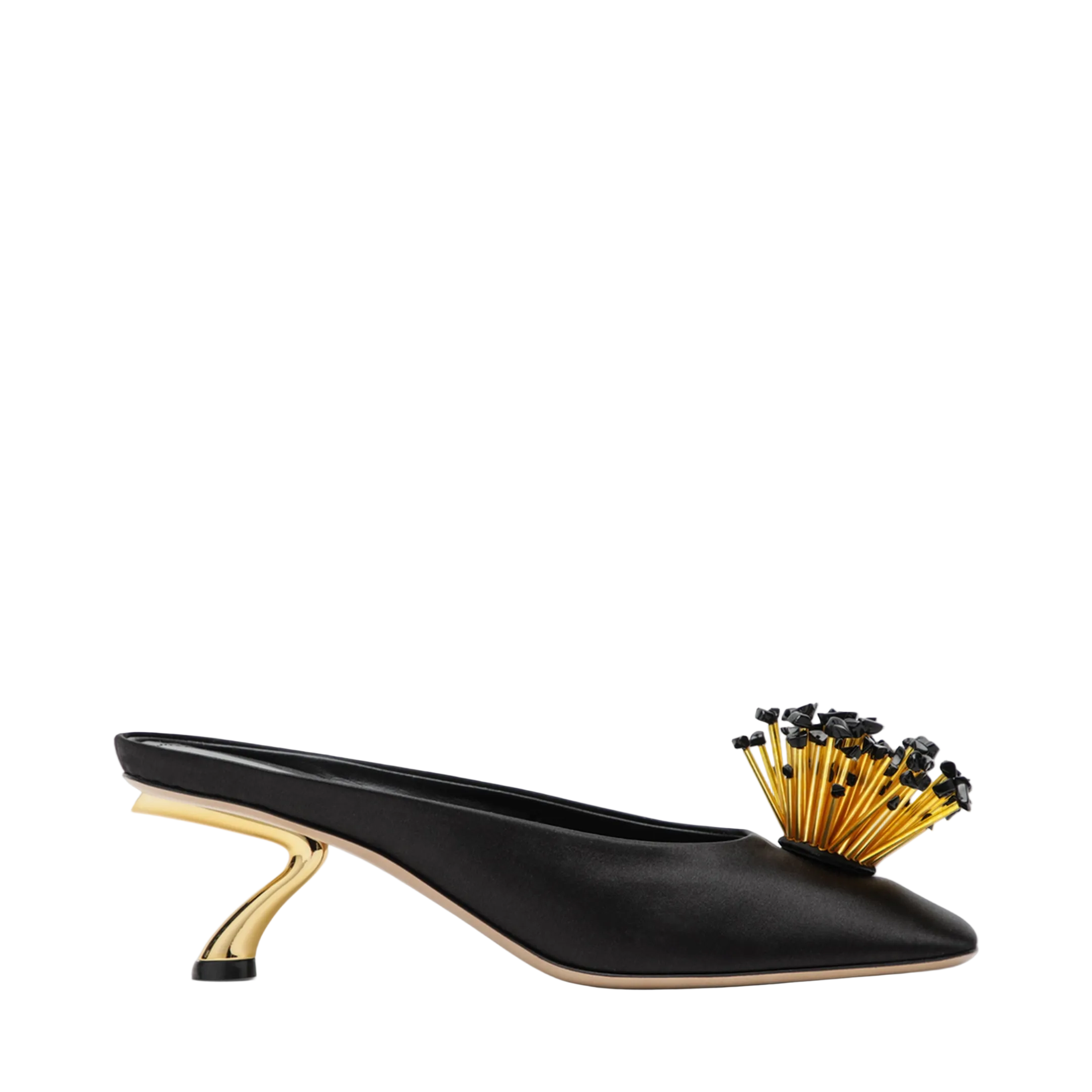 Black Mules with Sculptural Heel and Crystal Flower - Image 1