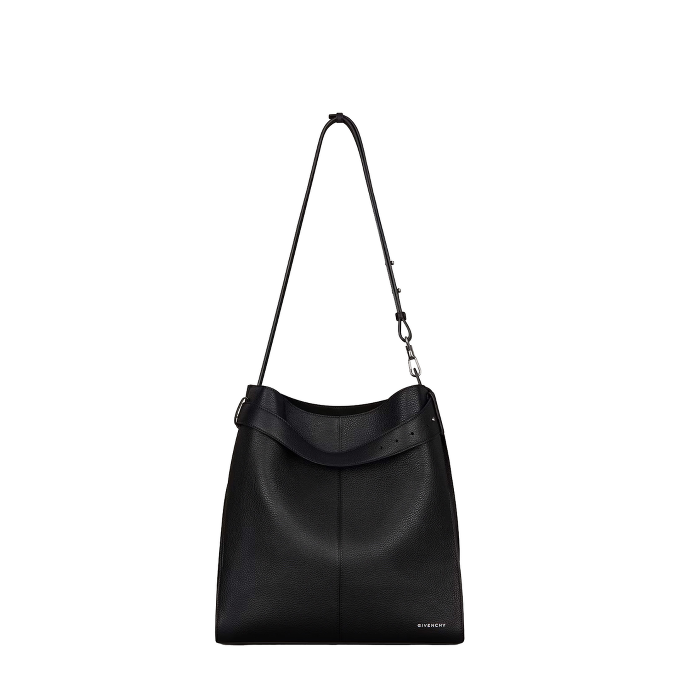 Belted Medium Grained Leather Hobo Bag - Black - Image 2