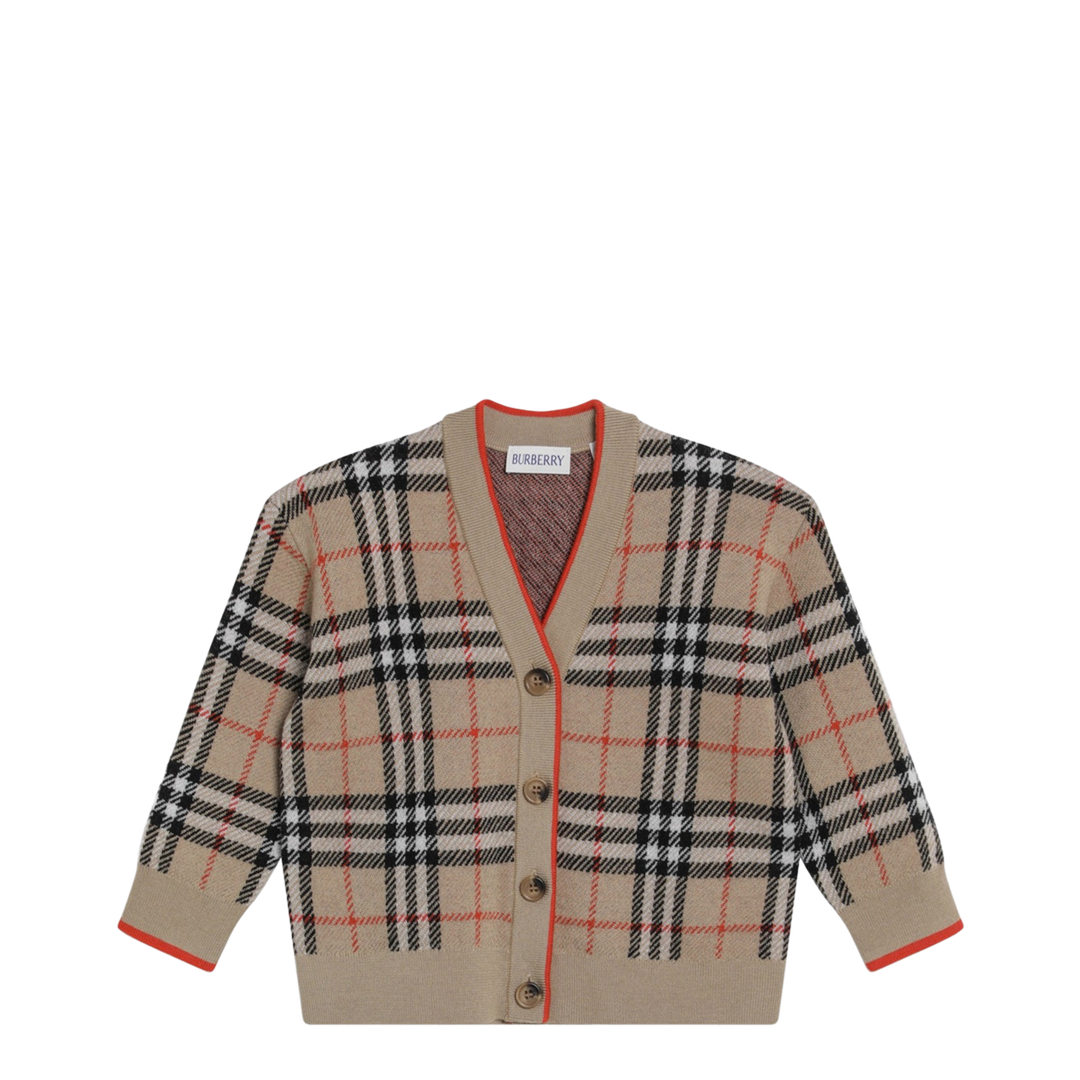 Beige Wool Cardigan with Check Motif - Image 1