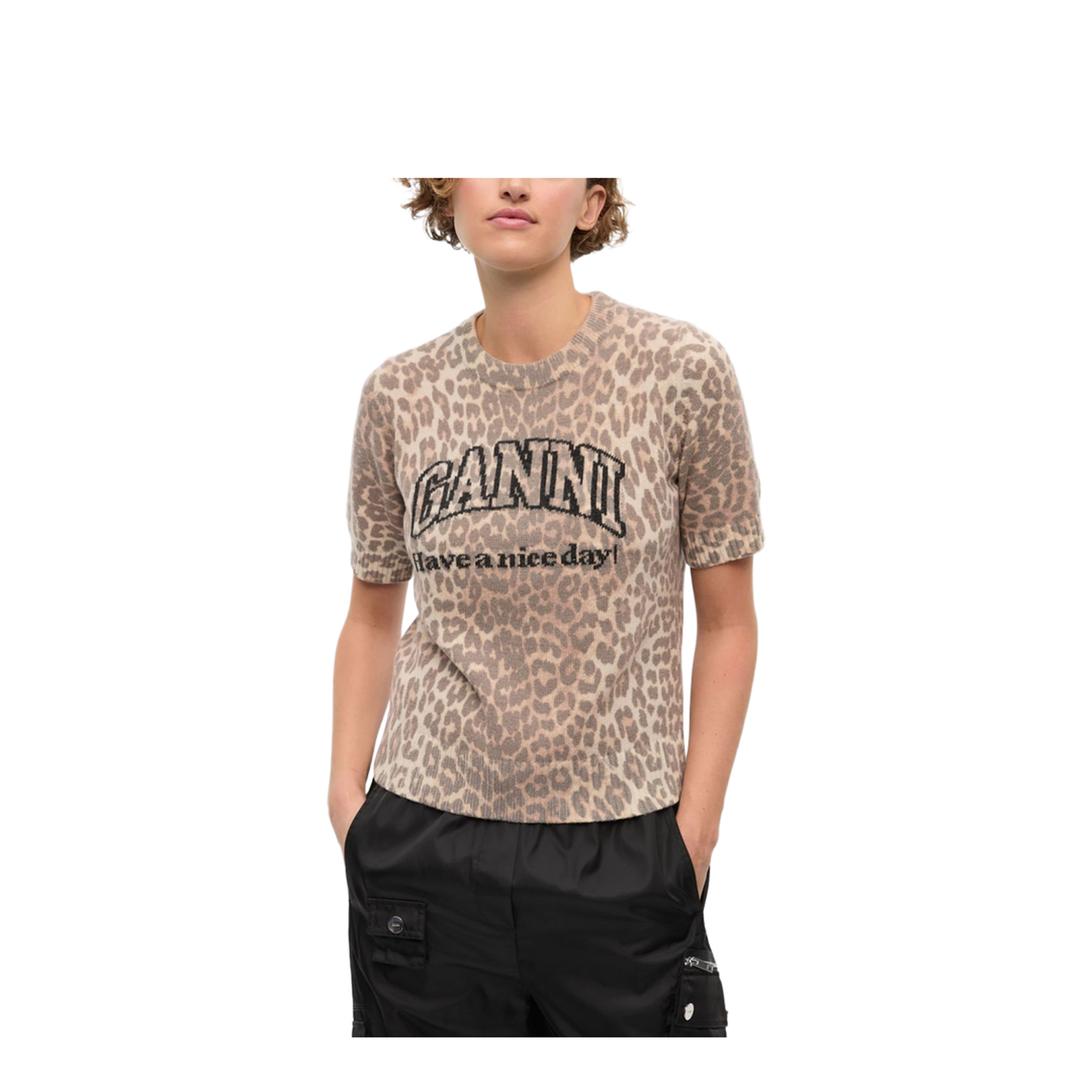 Beige Crew Neck Short Sleeves Leopard Print Ribbed Trim - Image 4