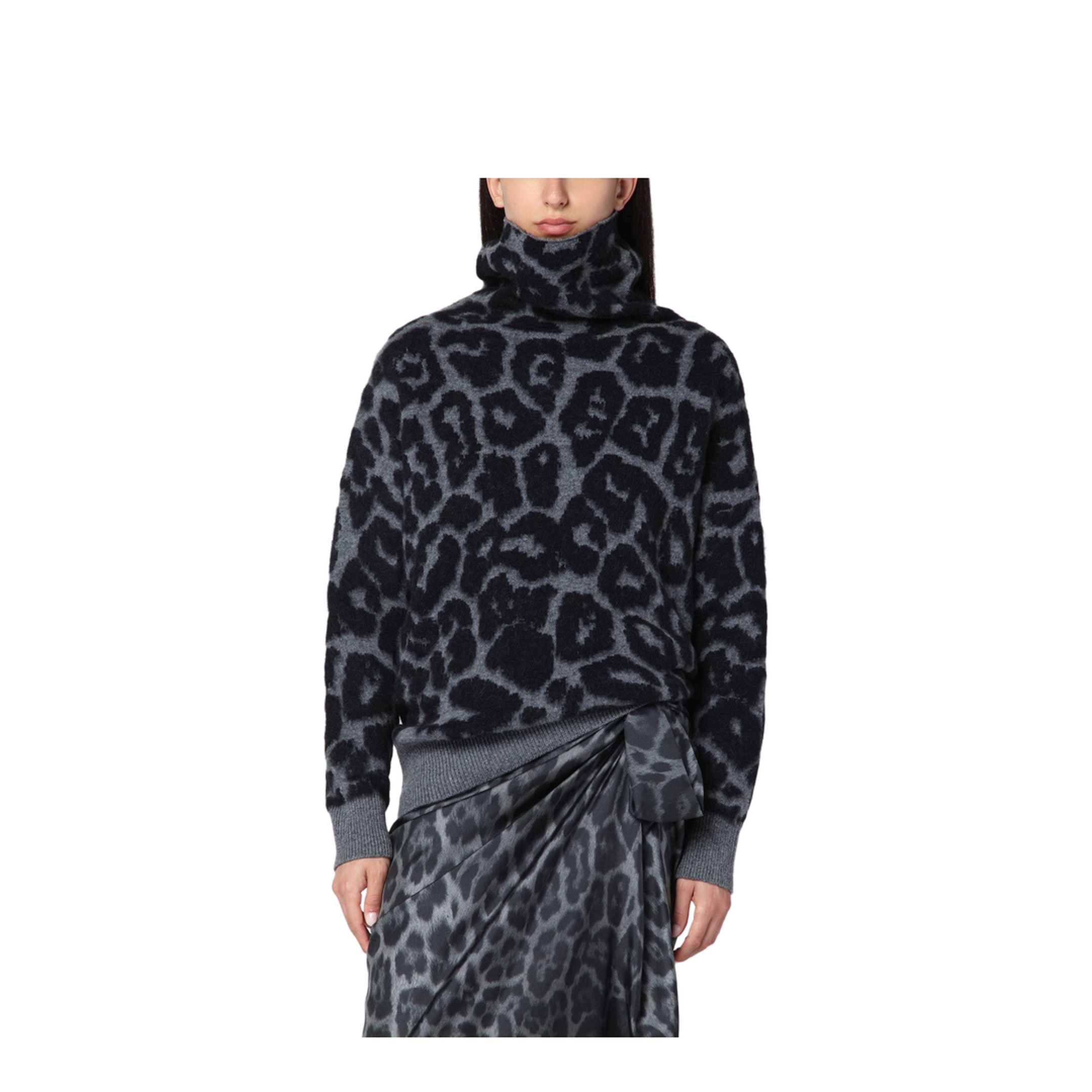 Black/Grey Leopard Jacquard Turtleneck Jumper - Image 1