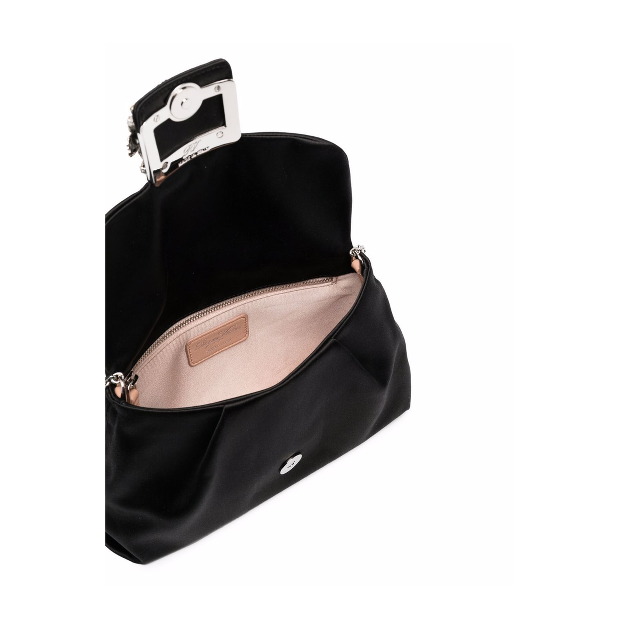 Roger Vivier RV Bouquet Strass Buckle Drapé Mini Satin Clutch Bag - Black - Image 5