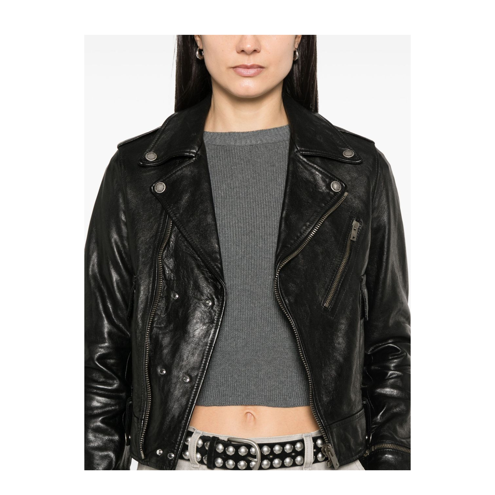 Shiny Black Sheepskin Biker Jacket with Sturdy Zip - Image 2