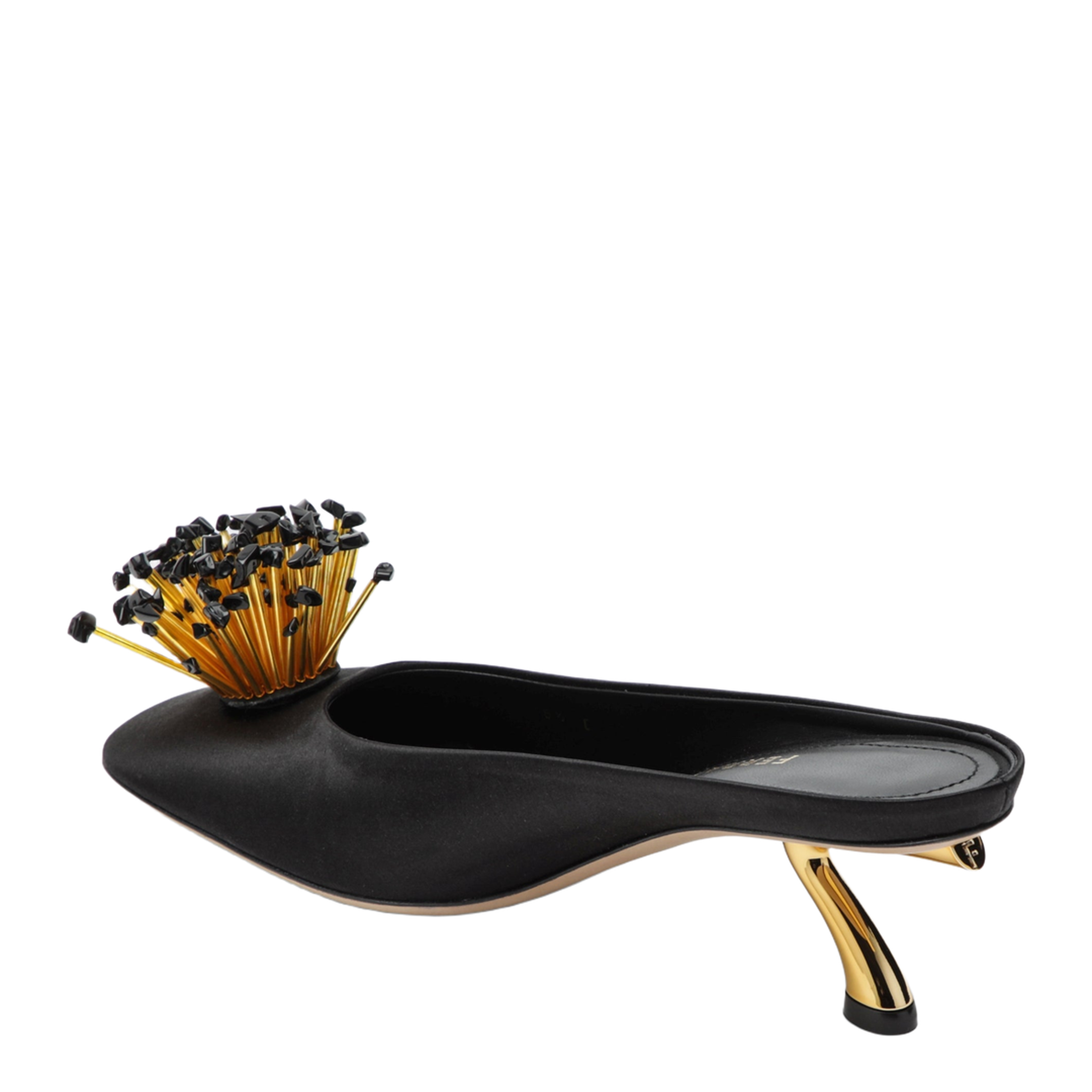 Black Mules with Sculptural Heel and Crystal Flower - Image 2