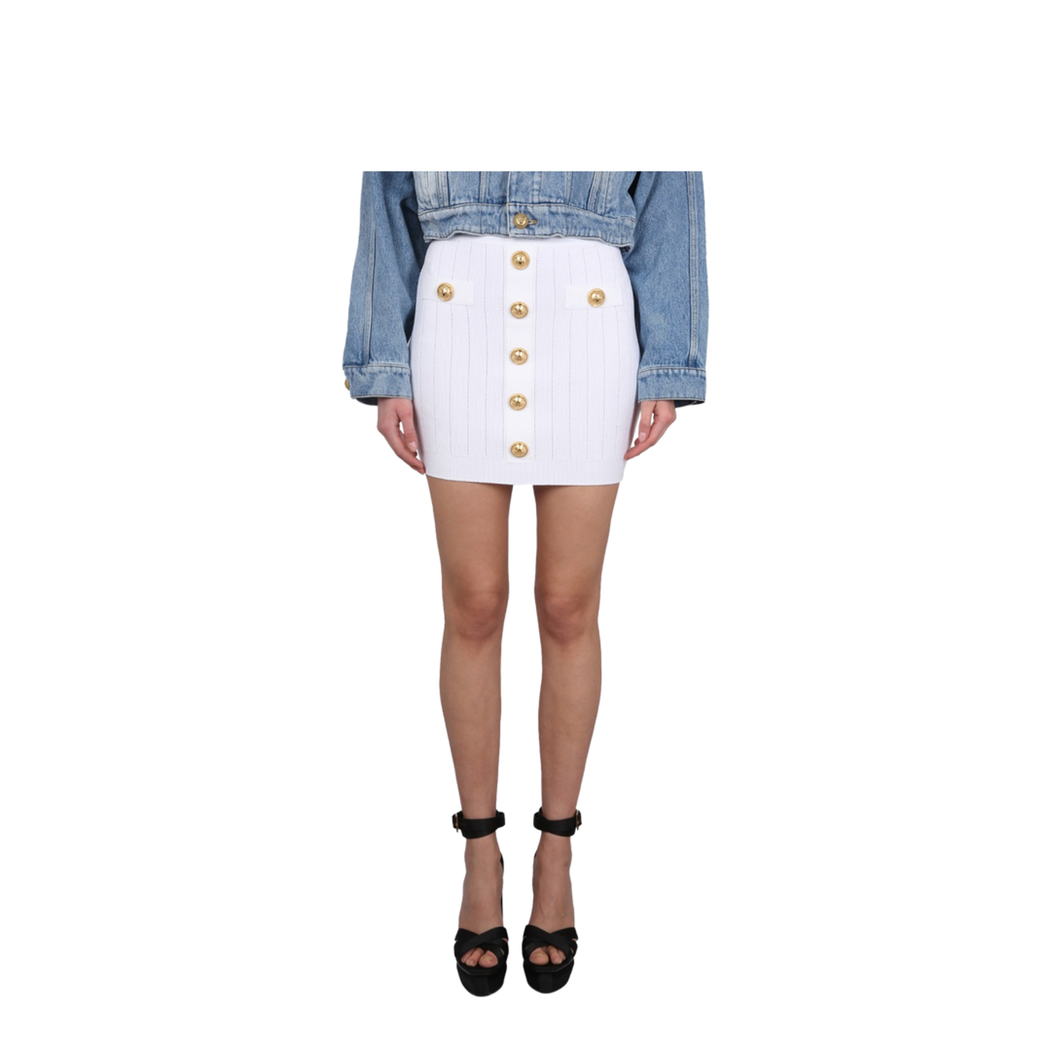 Embossed Buttons Knit Mini Skirt White - Image 1