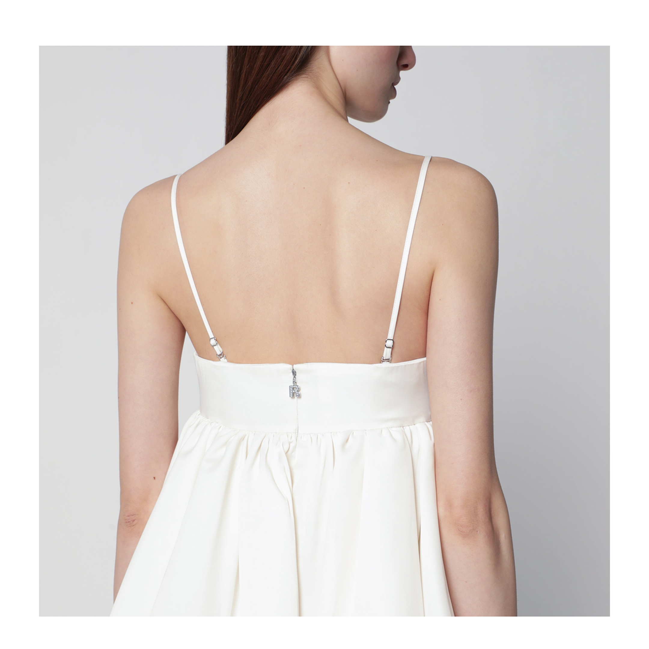 Strapless Balloon Mini Dress in Satin, Egret - Image 2