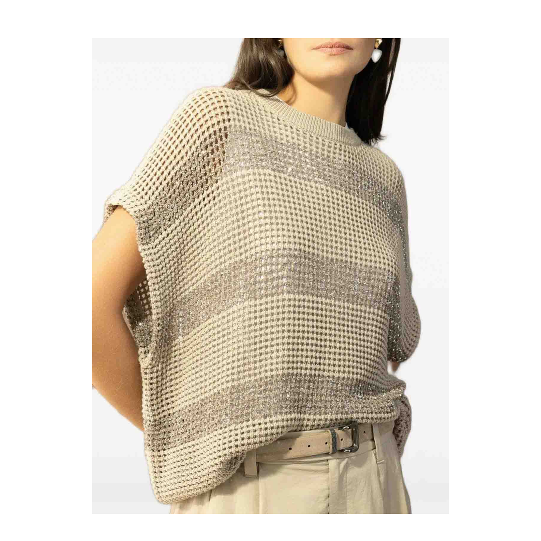 Striped Cotton Knitted Sweater - Beige - Image 5