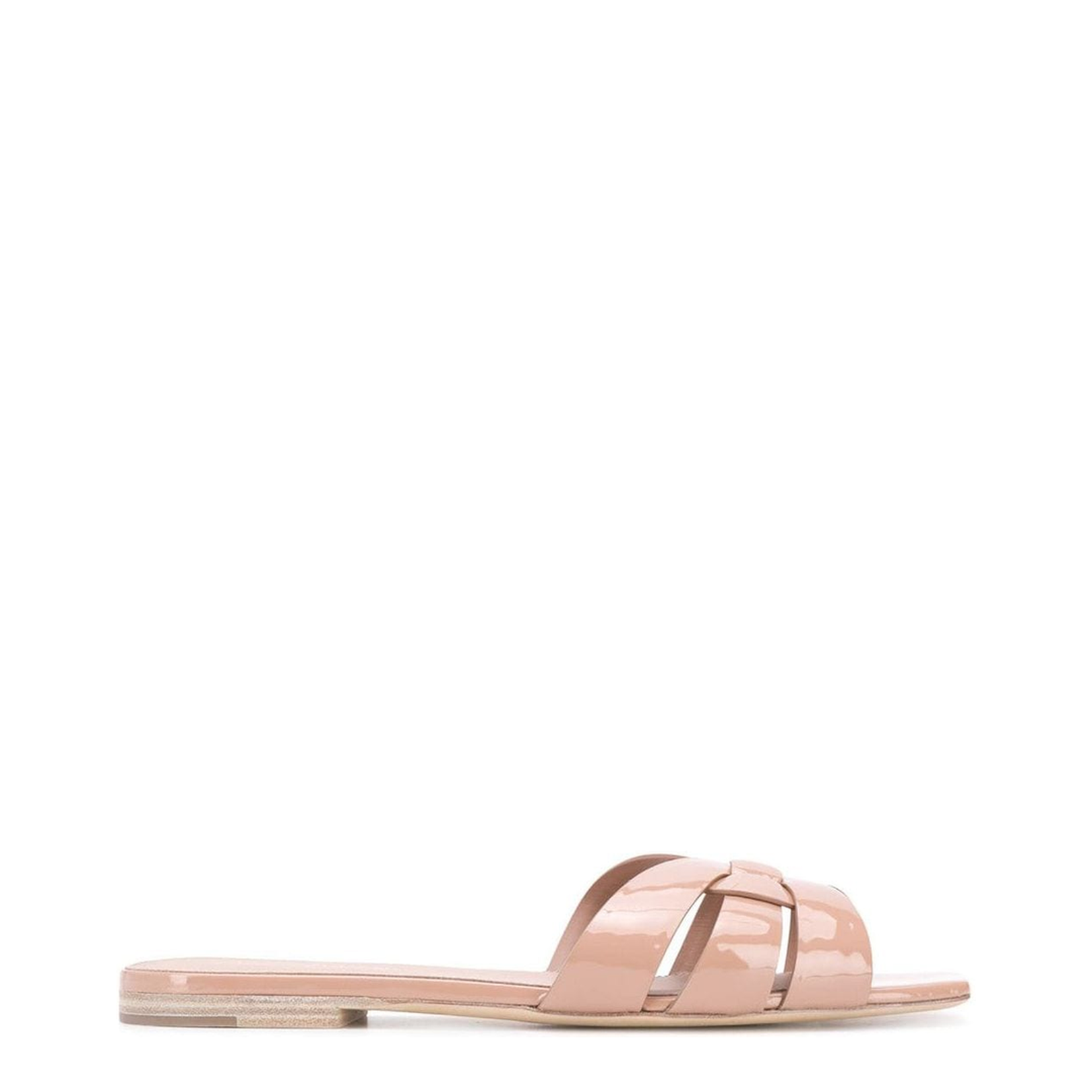 Powder Pink Leather Patent Finish Square Open Toe Multi-Way Strap Design Flat Sole Slip-On Style - Image 1