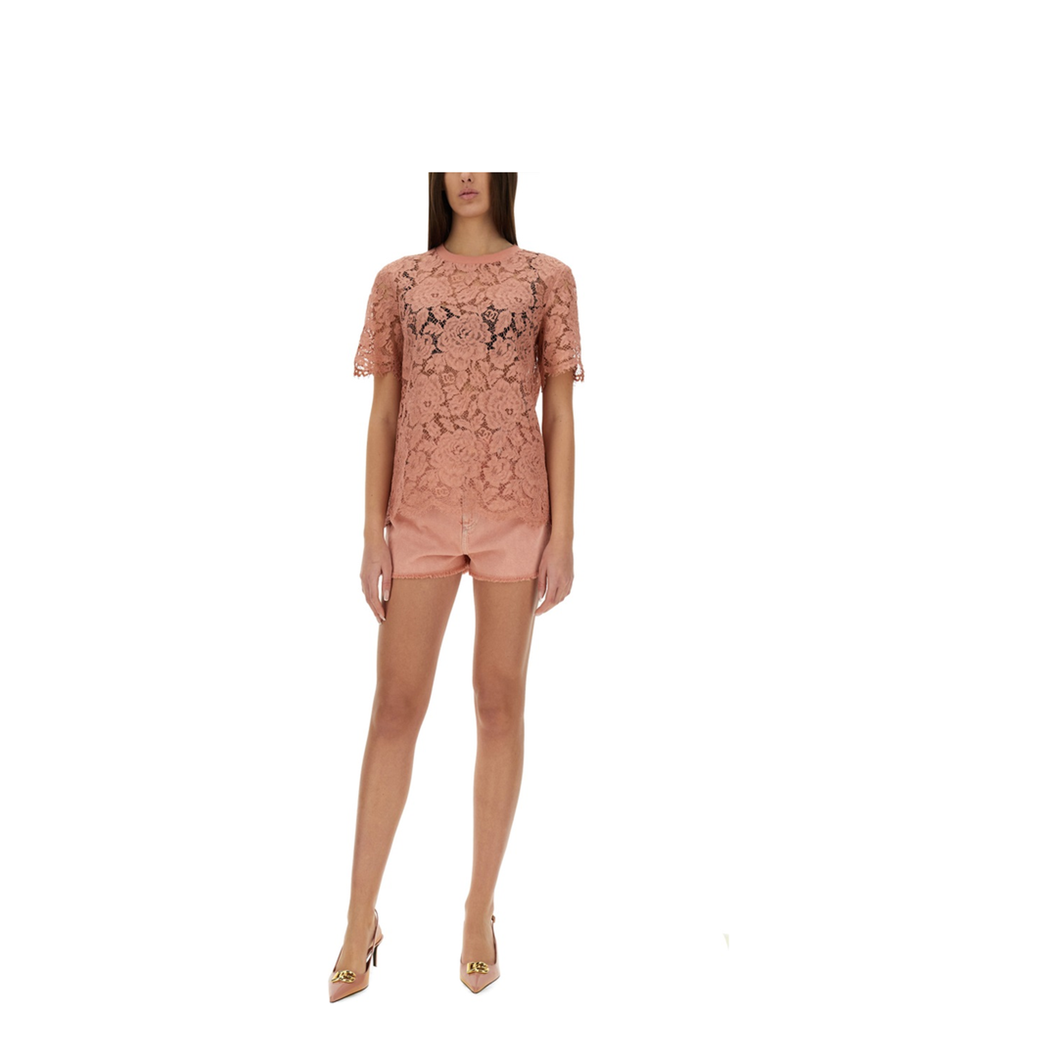 Short-sleeved Cordonetto Lace T-shirt in Pink - Image 2