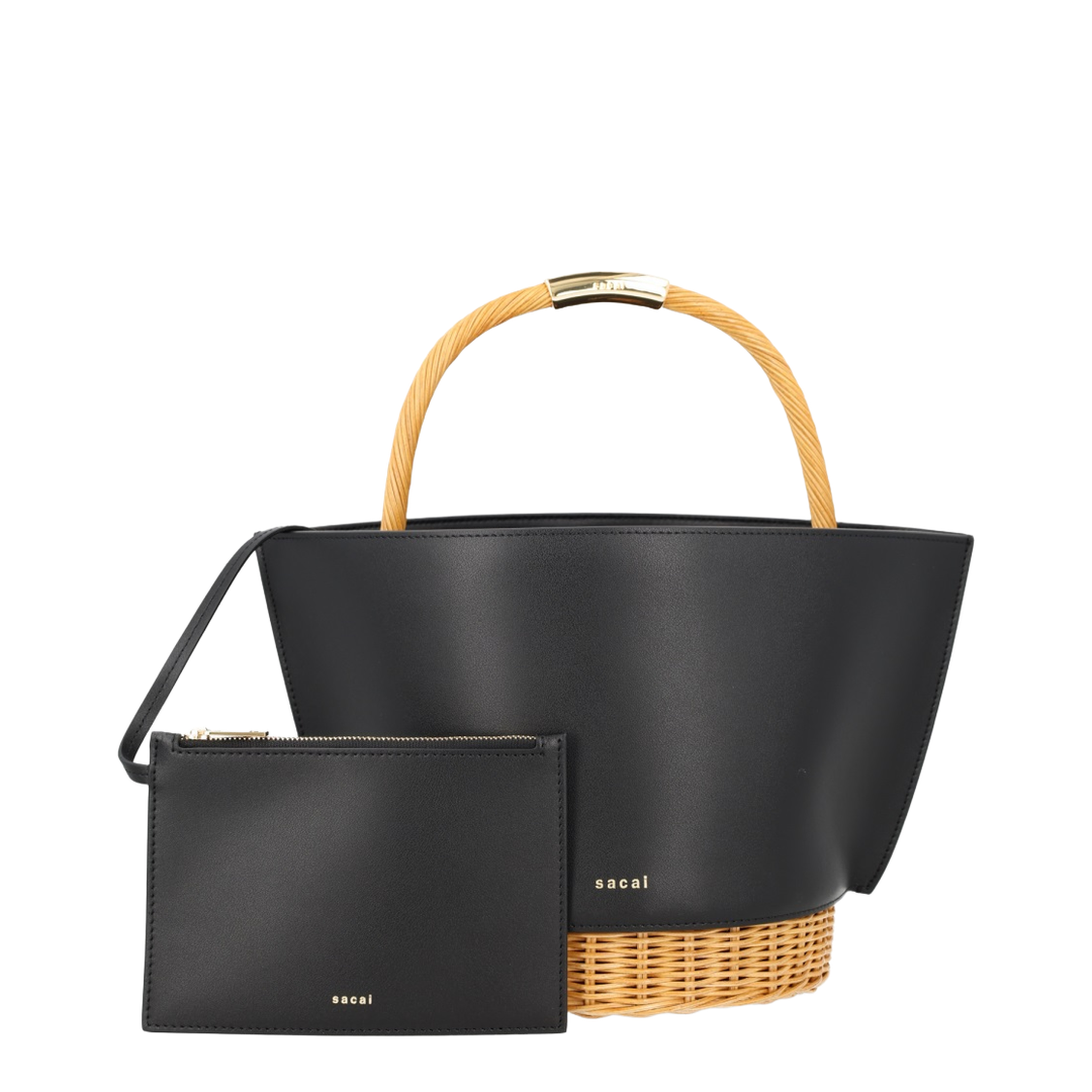 Leather Crossbody Bag With Raffia Details - Black - Image 5