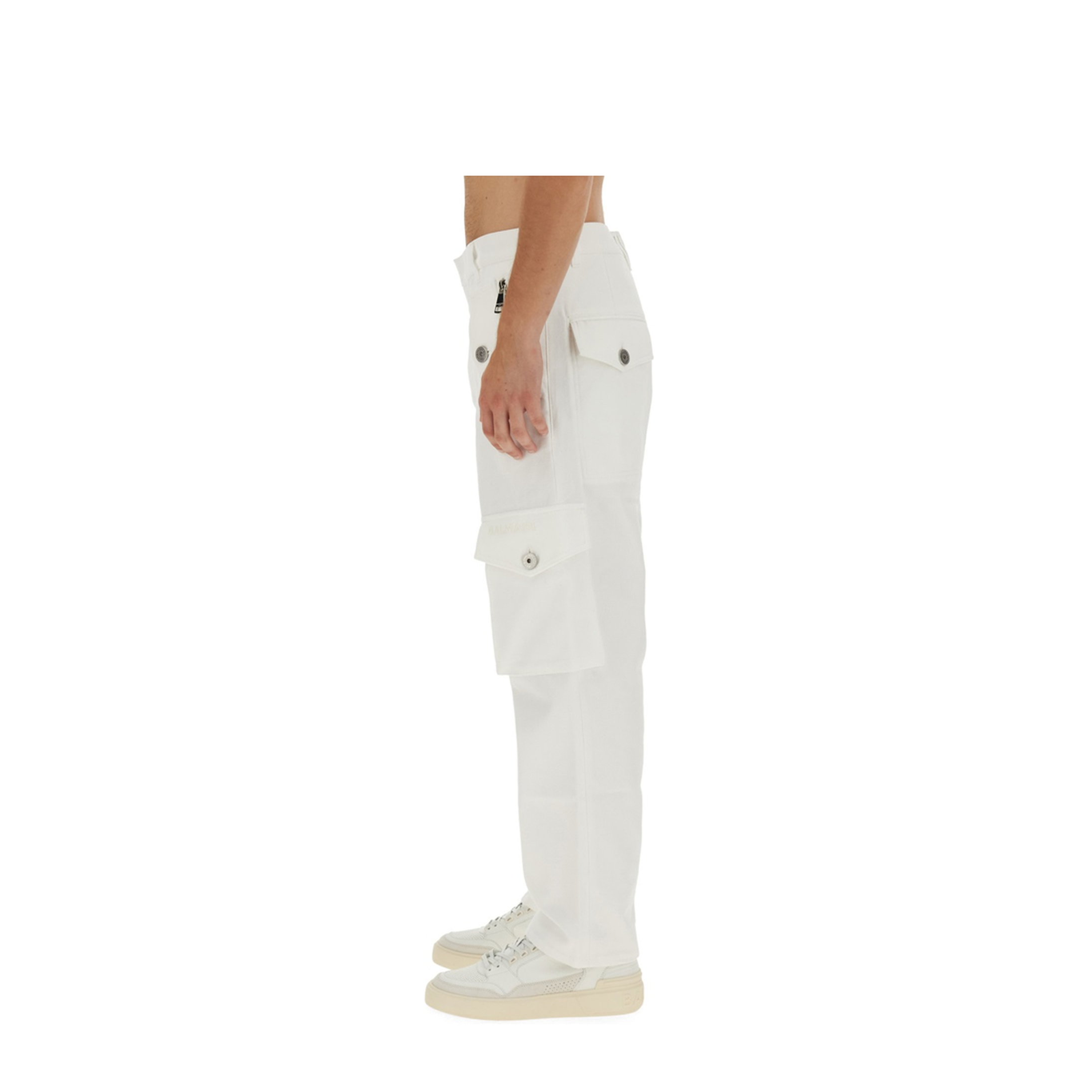 White Cargo Pants Silver Logo Plate - Image 3