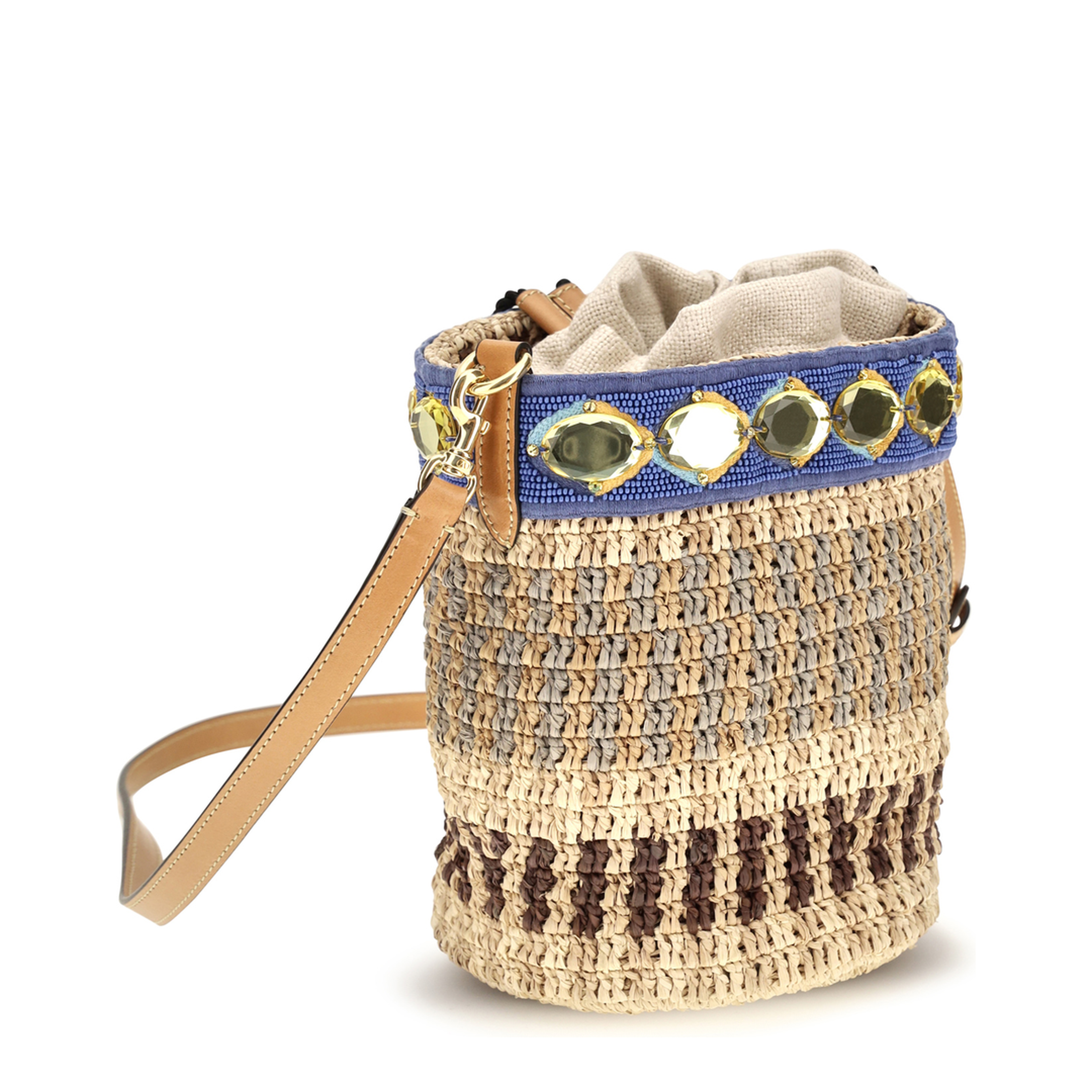 VLogo Braided Straw and Leather Bucket Bag - Natural/Blue - Image 3