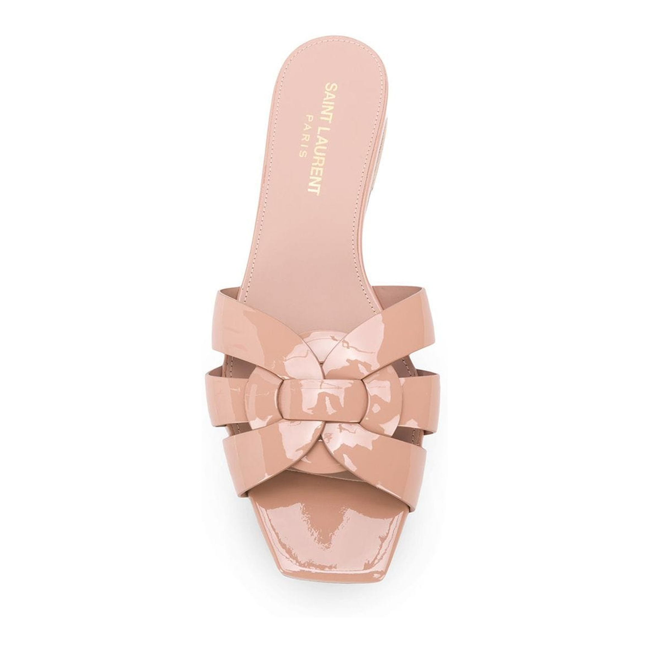 Powder Pink Leather Patent Finish Square Open Toe Multi-Way Strap Design Flat Sole Slip-On Style - Image 4