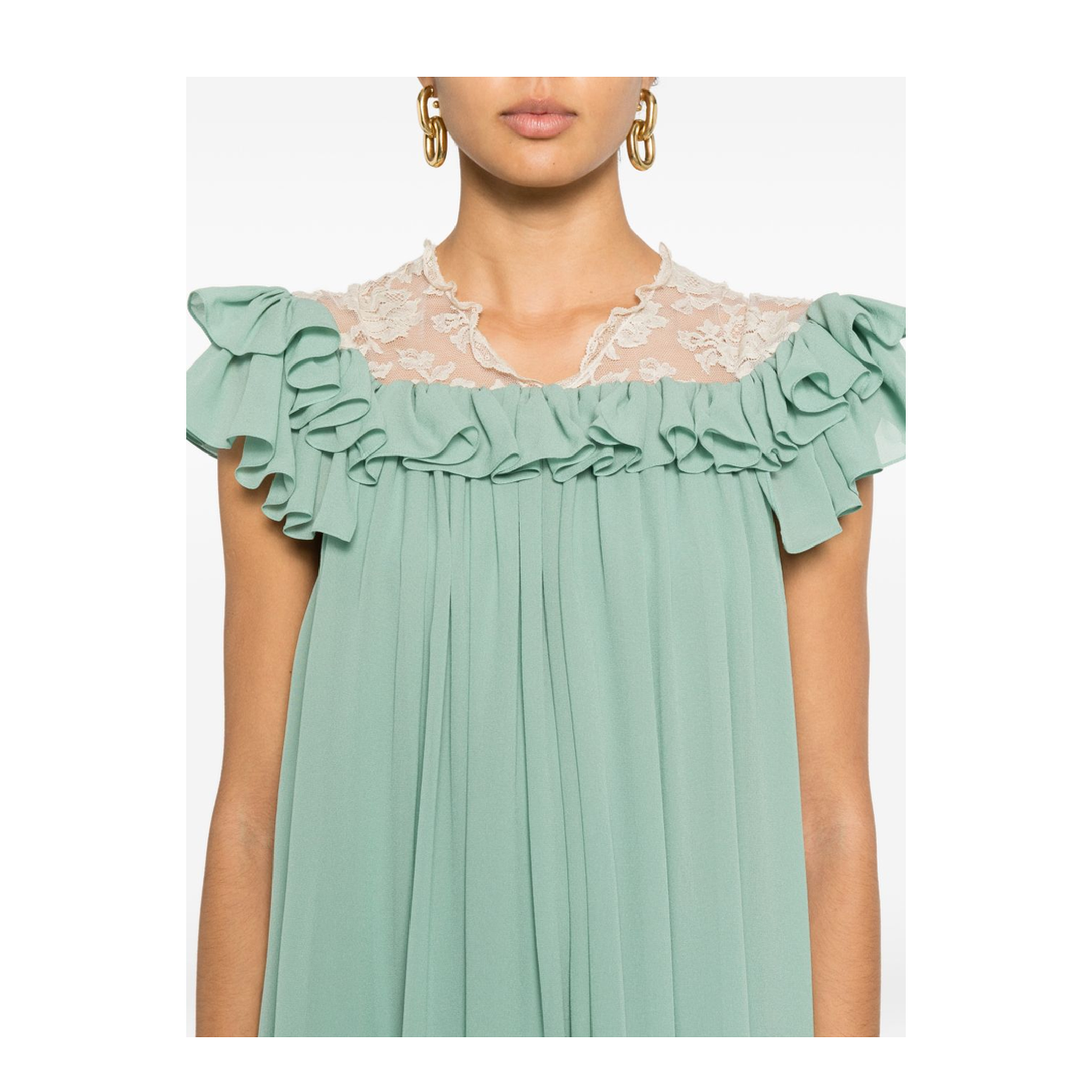 Short-sleeve mini dress in silk georgette & lace - Image 2