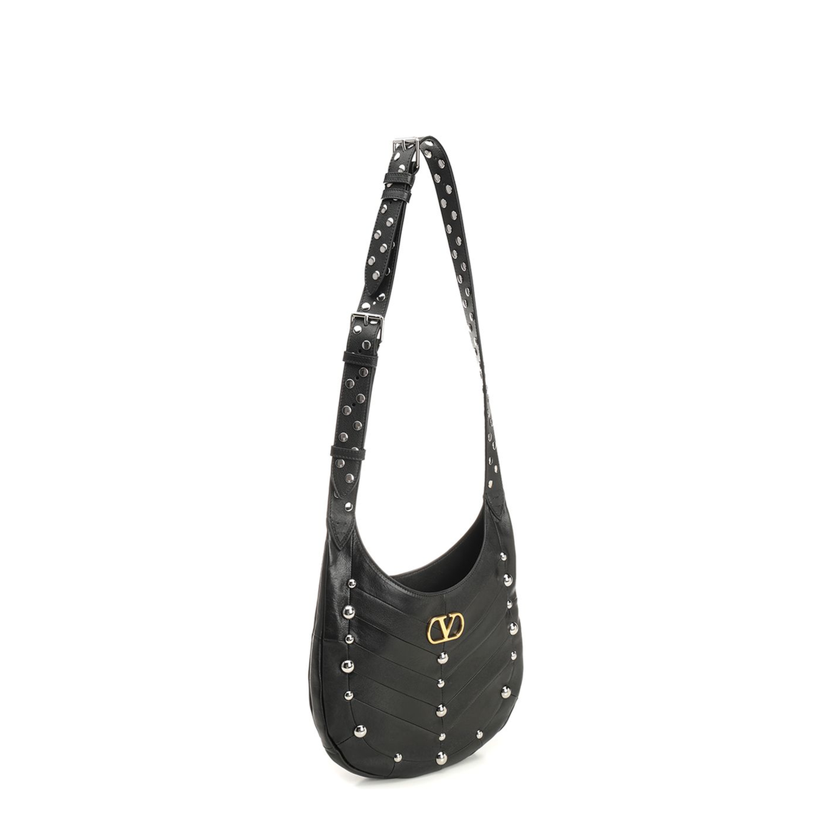 Hoboho Nappa Leather Hobo Bag With Chevron Pattern And Studs Black - Image 2