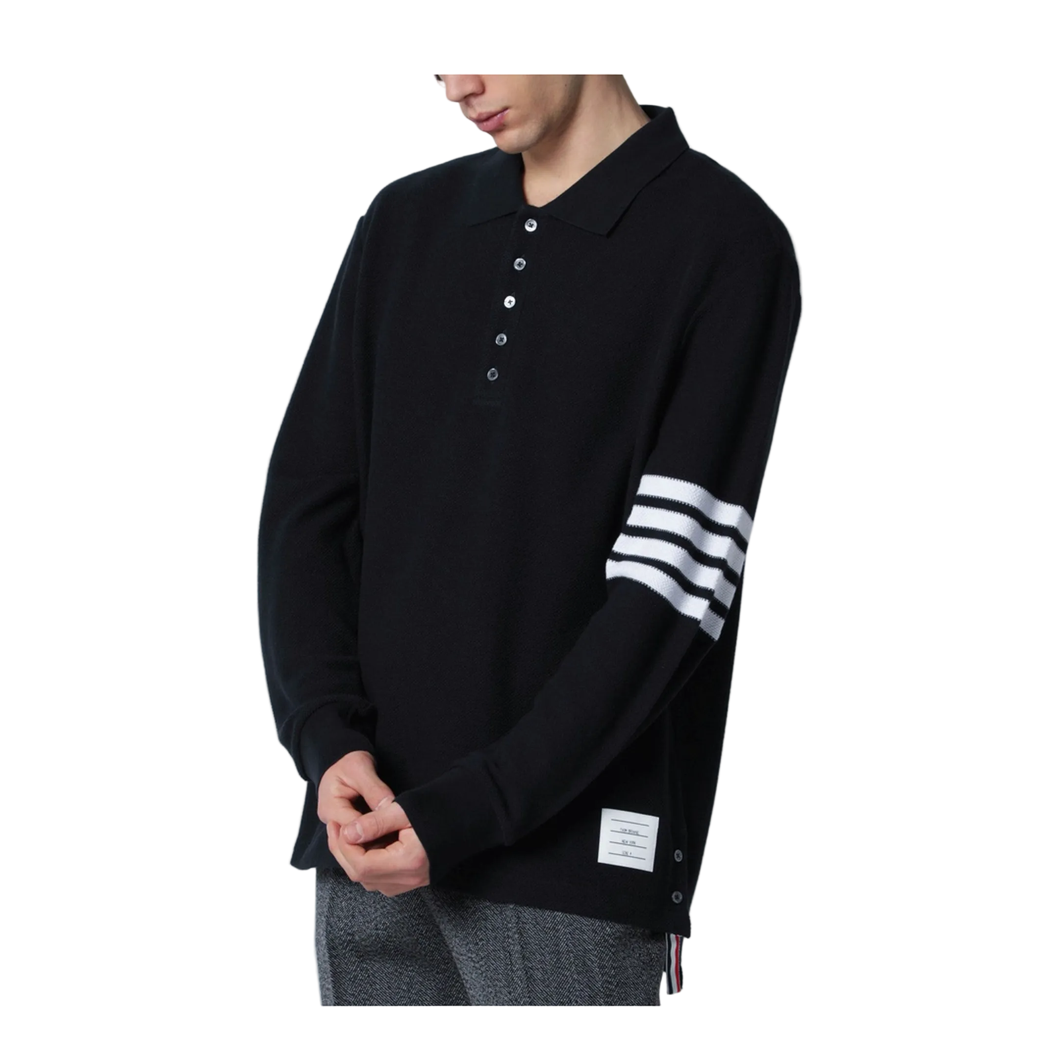 Long Sleeve Polo in Textured Pique w/ Eng 4 Bar - Image 1