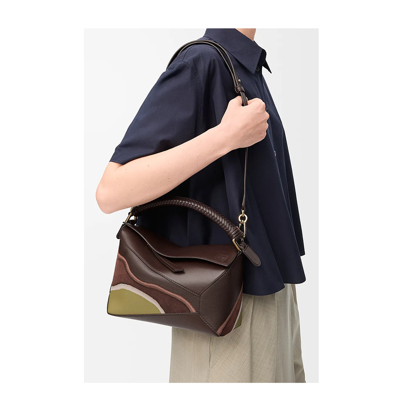 Small Puzzle Edge Landscape Bag in Nappa Calfskin Brown - Image 4