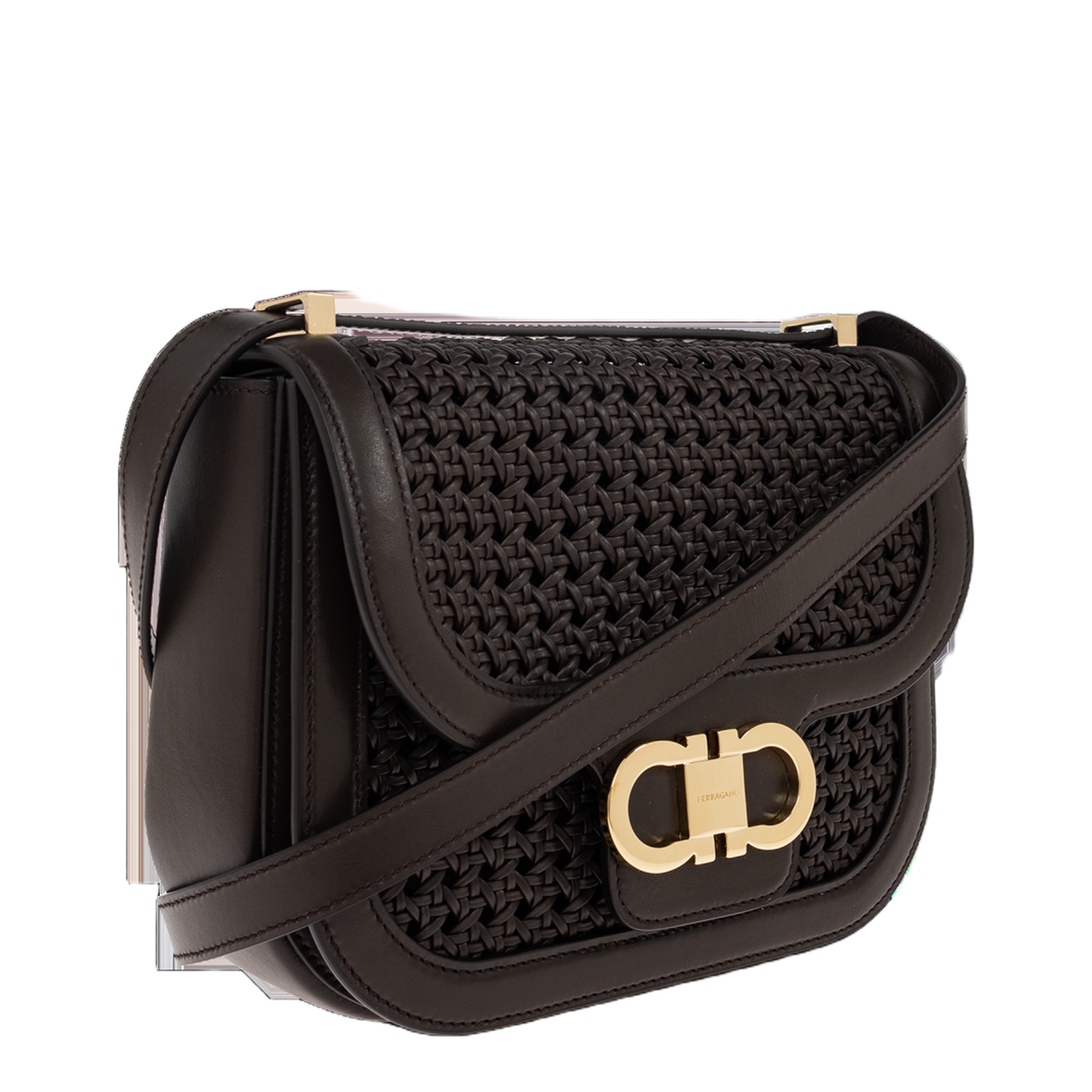 Double Gancini XS Woven Calfskin Crossbody Bag - Testa Di Moro - Image 4
