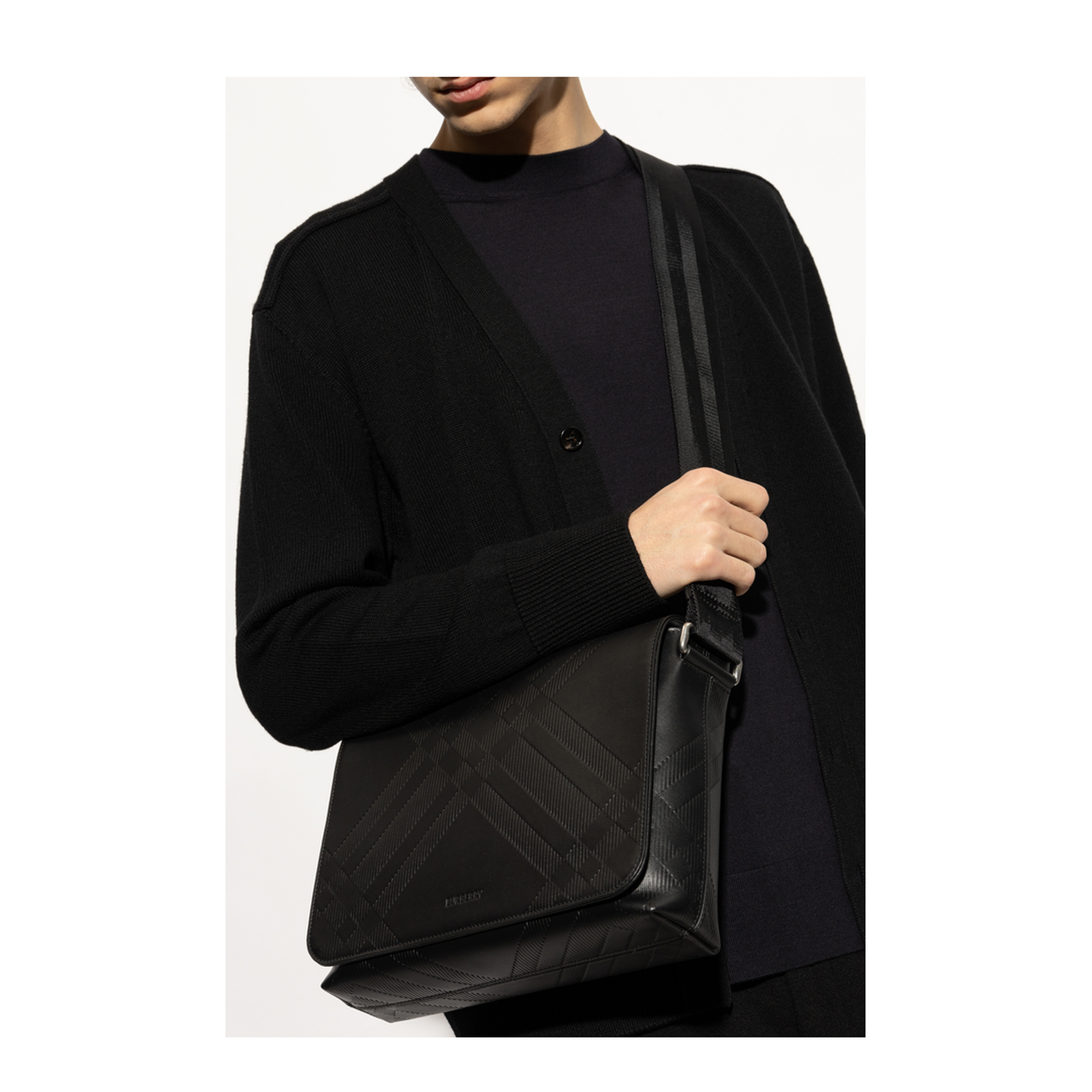 Embossed Check Calf Leather Messenger Bag - Black - Image 2
