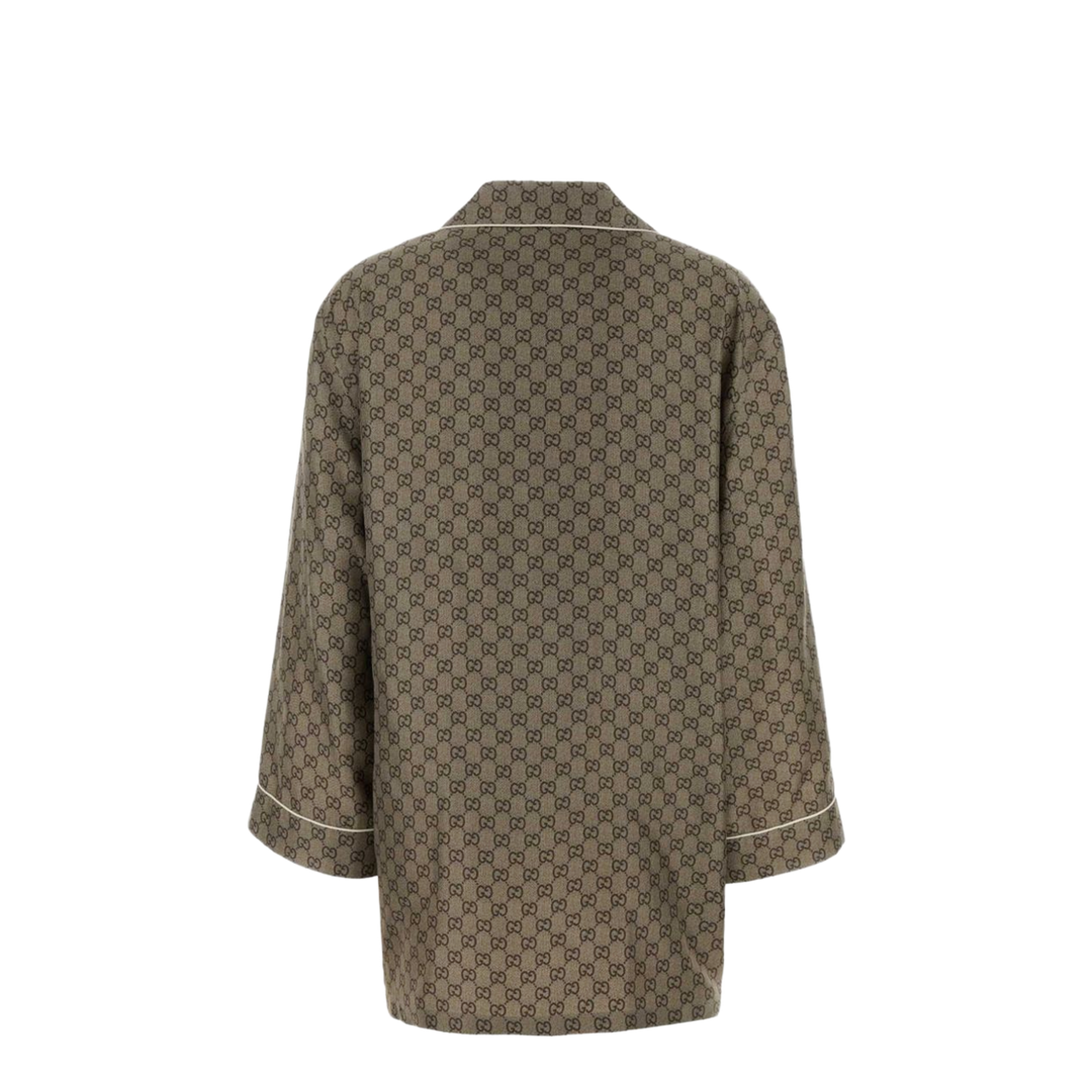 Printed Silk Twill Shirt in Beige and Dark Brown - Image 2