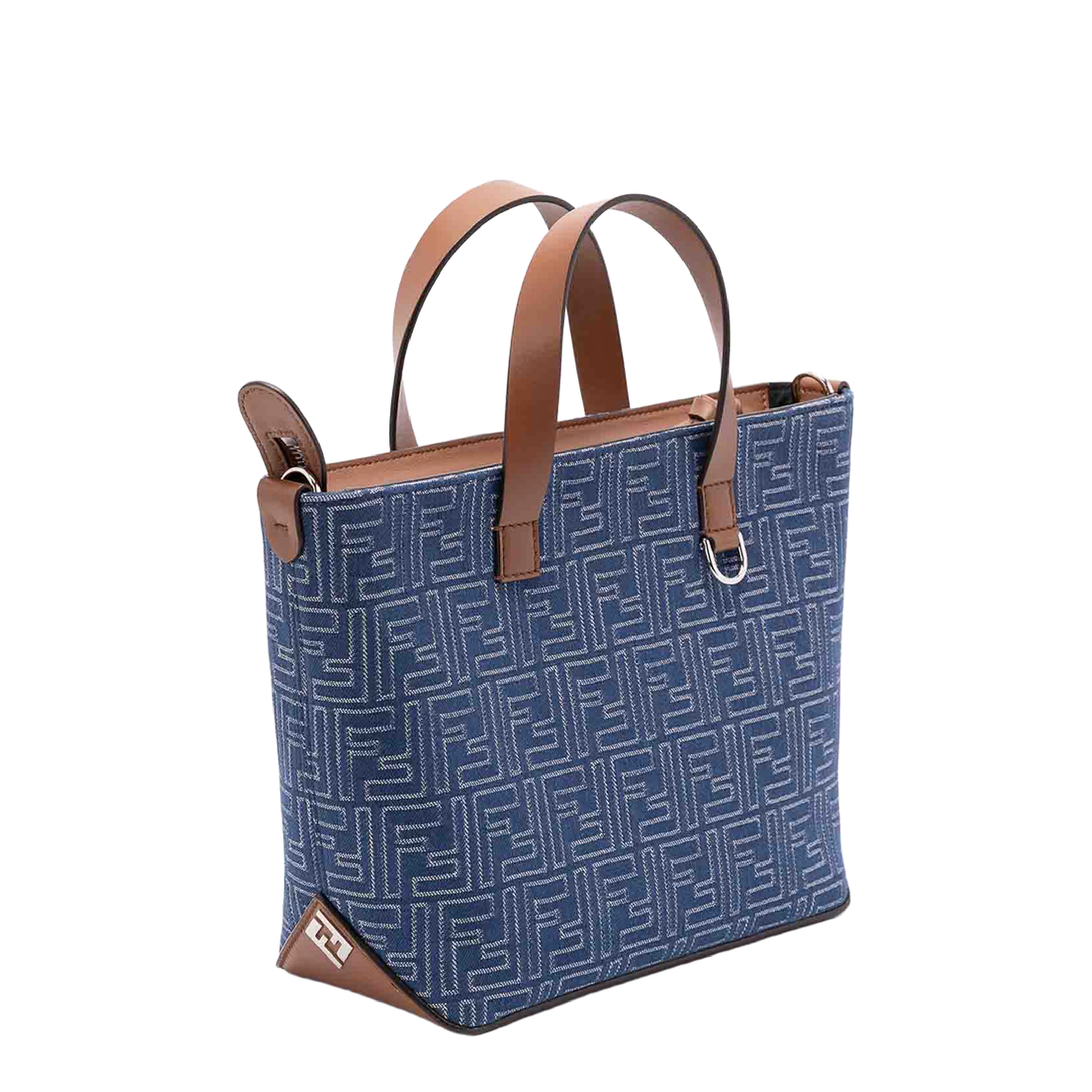 FF Leather Denim Effect FF Jacquard Blue And Brown Small Shopping Bag - Image 3