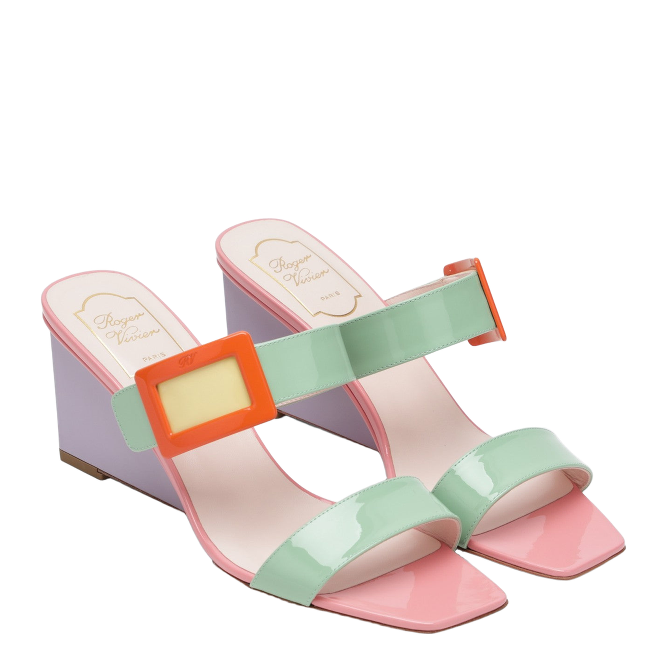 Belle Vivier wedge mules in green/purple patent leather - Image 2