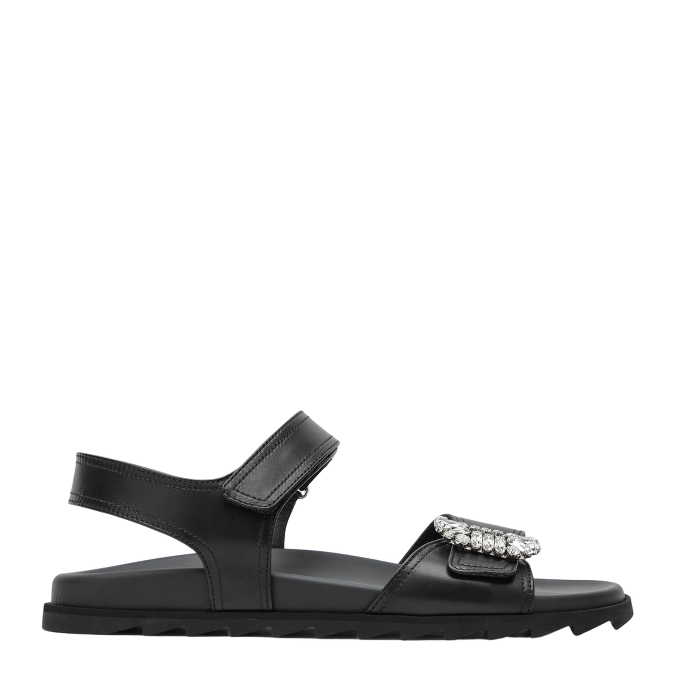 Black Leather Sandals With Crystal Buckle - Image 1