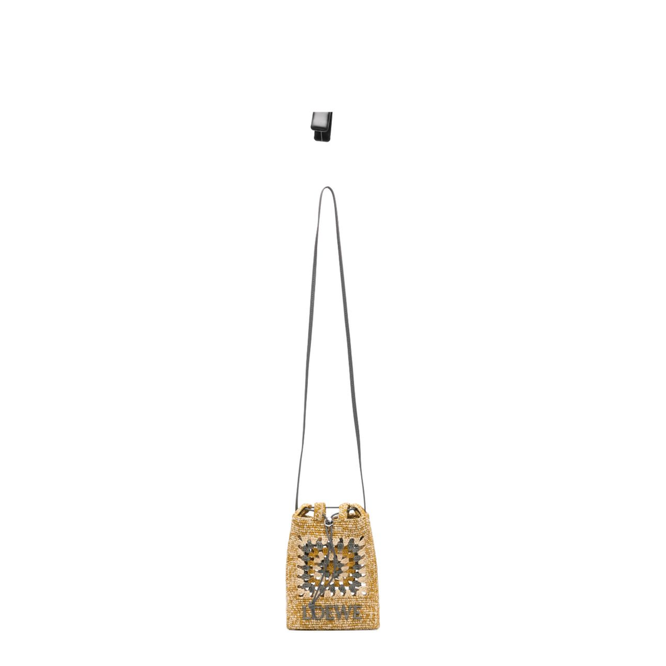 Drawstring Pocket Crochet Raffia and Calfskin Crossbody Bag - Yellow/Grey - Image 4