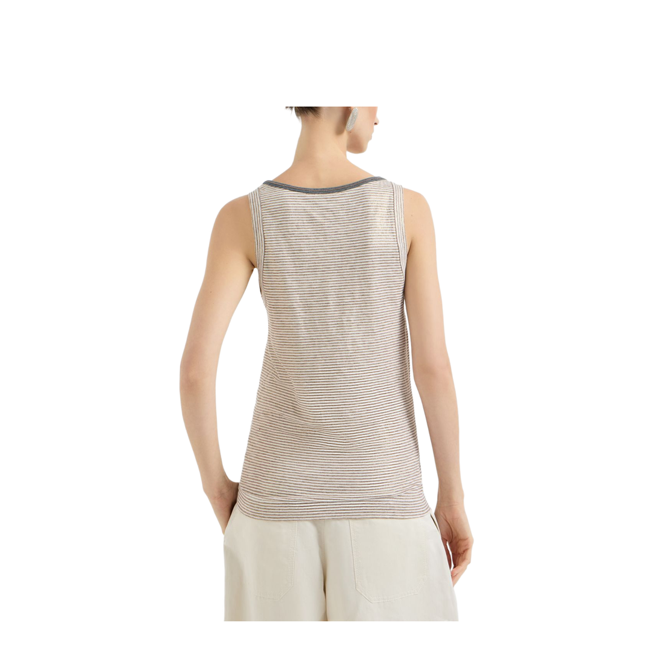 Linen Striped Crew Neck Top with Contrasting Trim and Necklace - Image 3