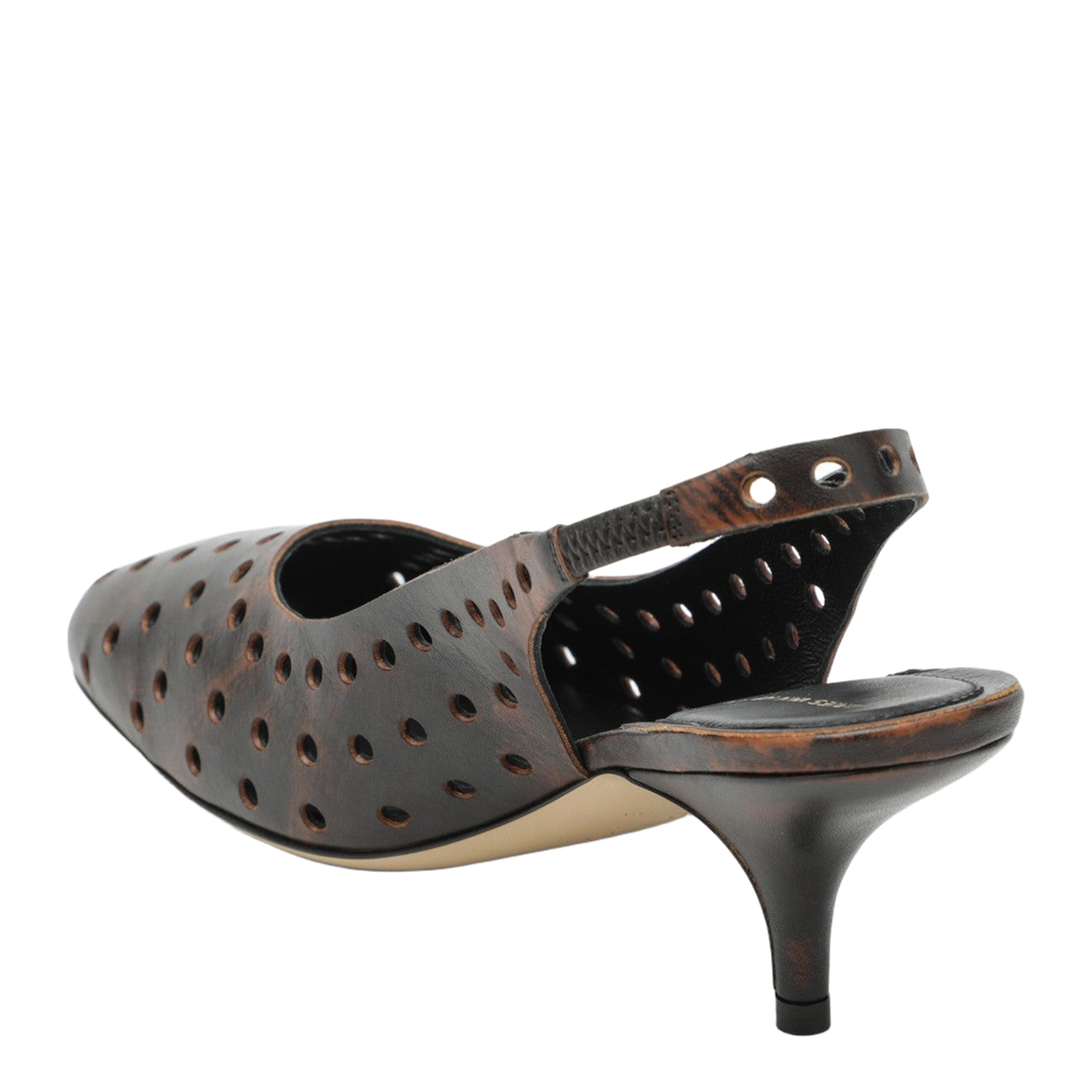 Brown Aged Leather Perforated Slingback Shoes - Image 2