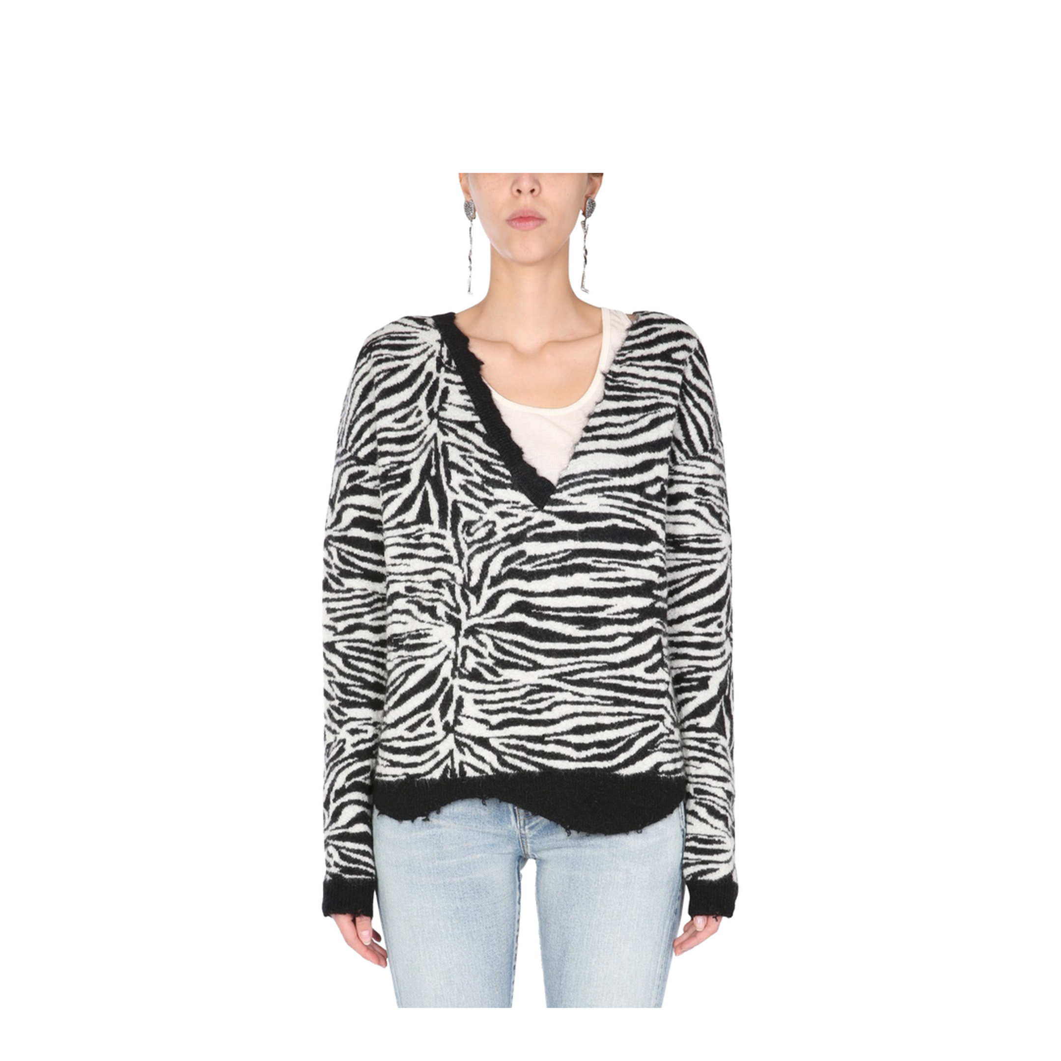 Black White Wool Mohair Blend Zebra-Pattern Ripped Jumper - Image 1