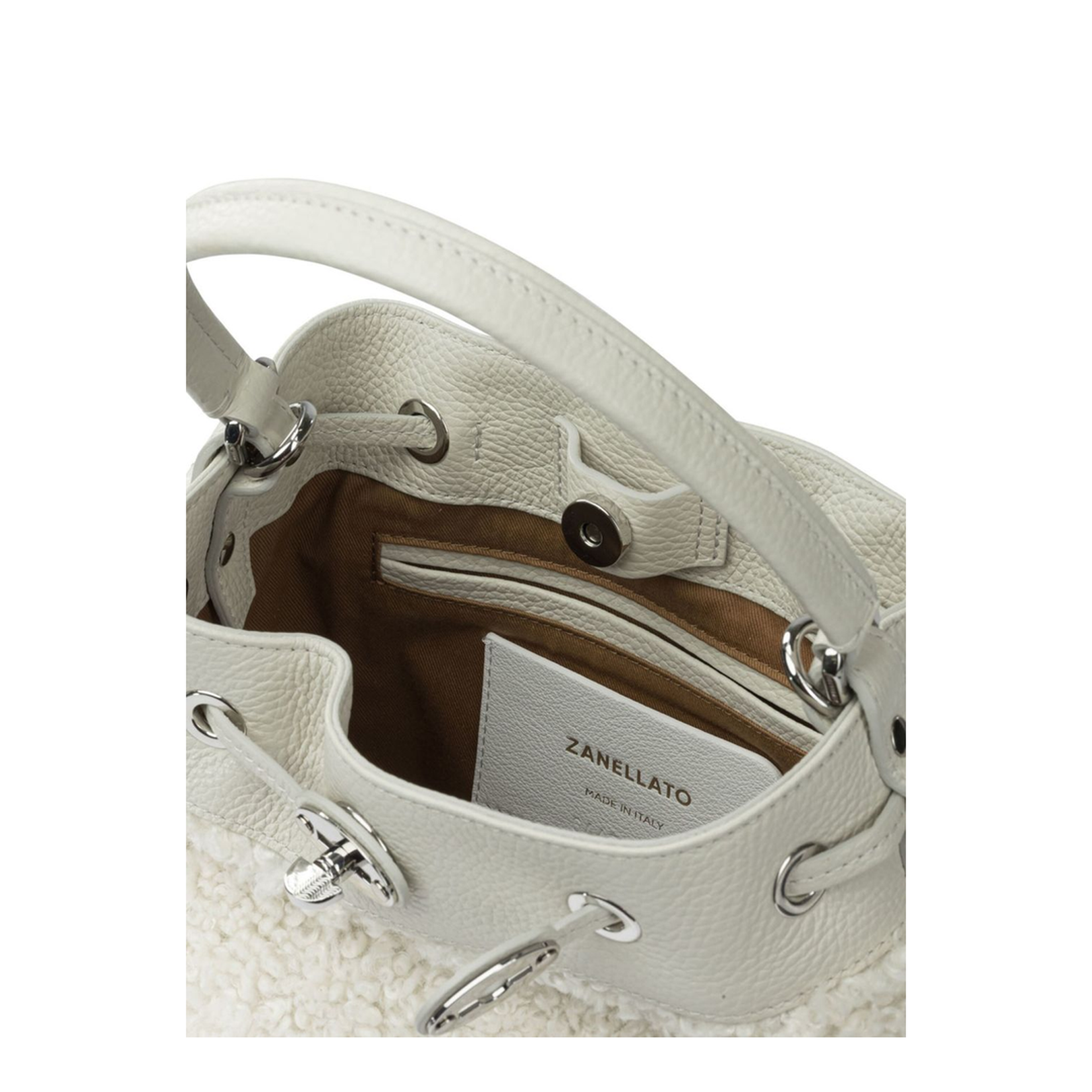 Mondà Dolly Small Hammered Leather Bucket Bag - White Latte - Image 5