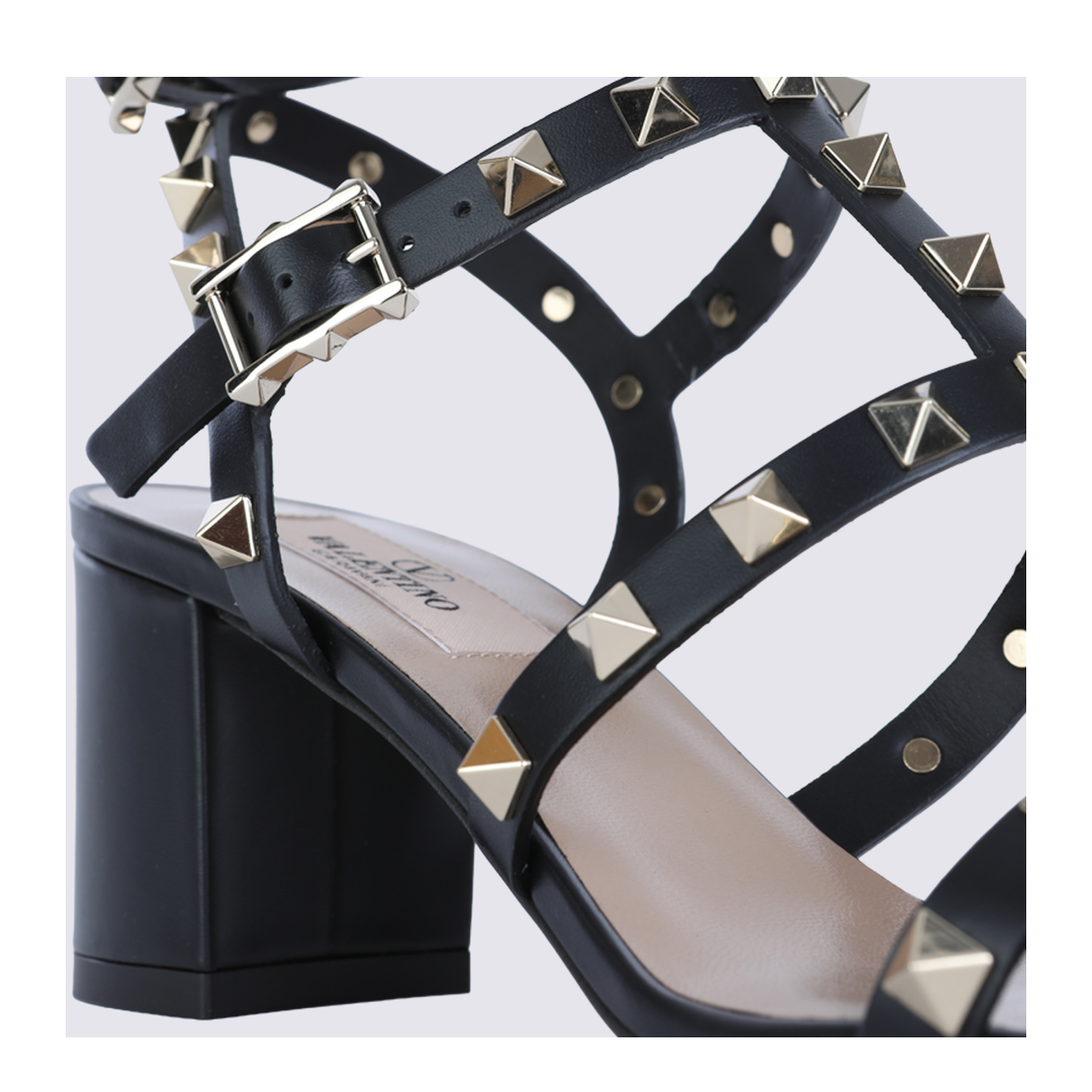Rockstud Calfskin Leather Sandals with Studs in Black - Image 7