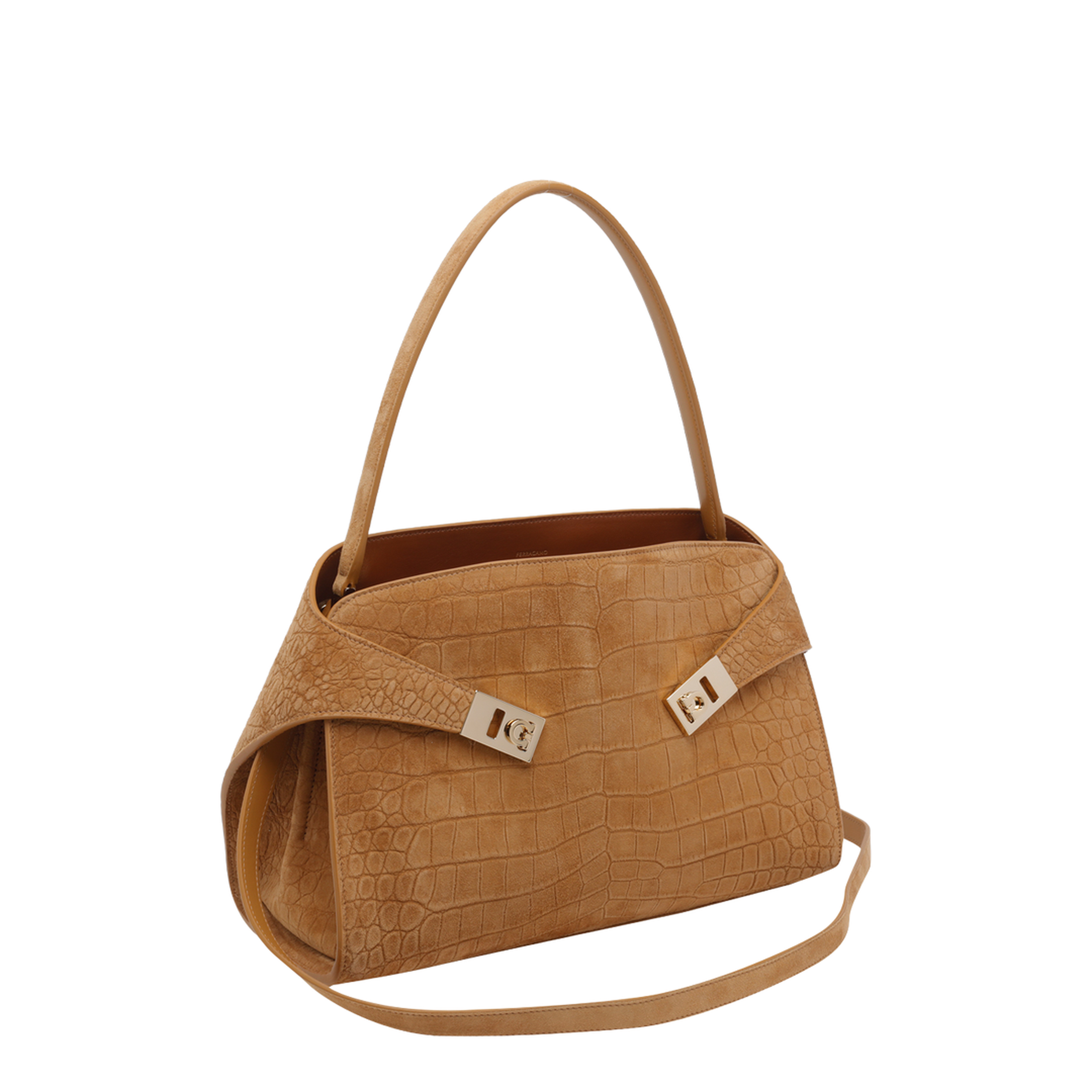 Hug Soft Medium Suede Crocodile Print Shoulder Bag - Naturale - Image 2