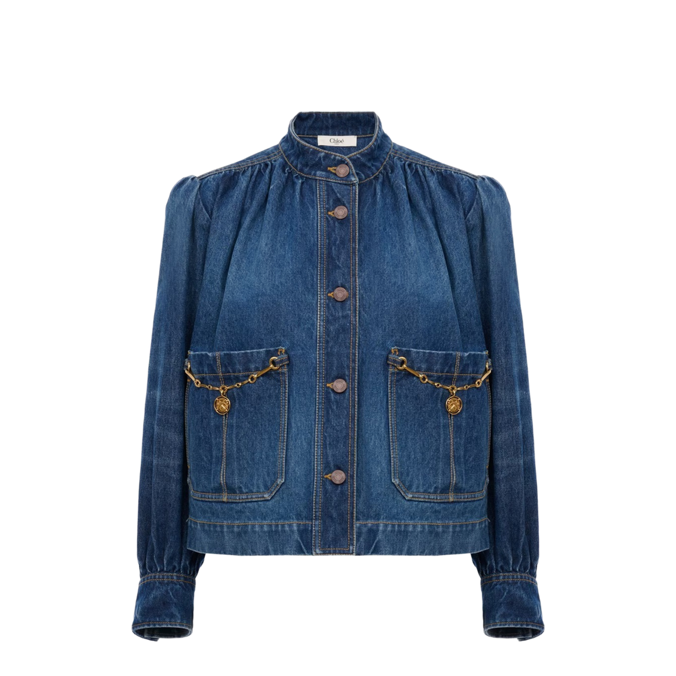Denim High Neck Gathered Jacket - Image 1