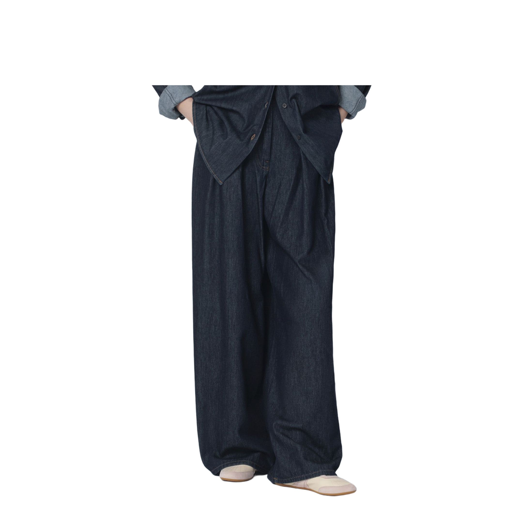 Indigo Denim Wide-Leg Trousers with Pleats - Image 1