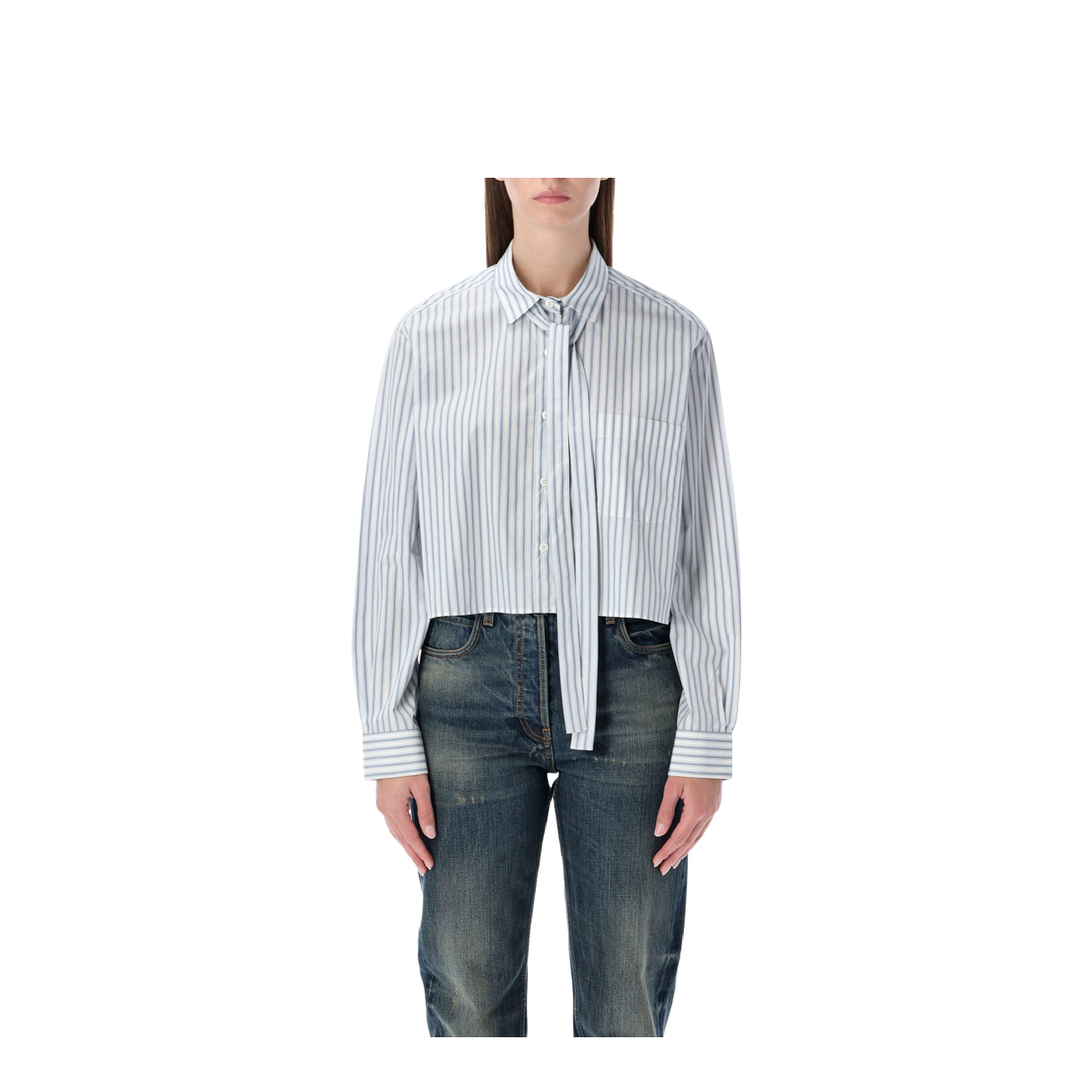 Striped Poplin Short Shirt with Scarf Collar - Image 1