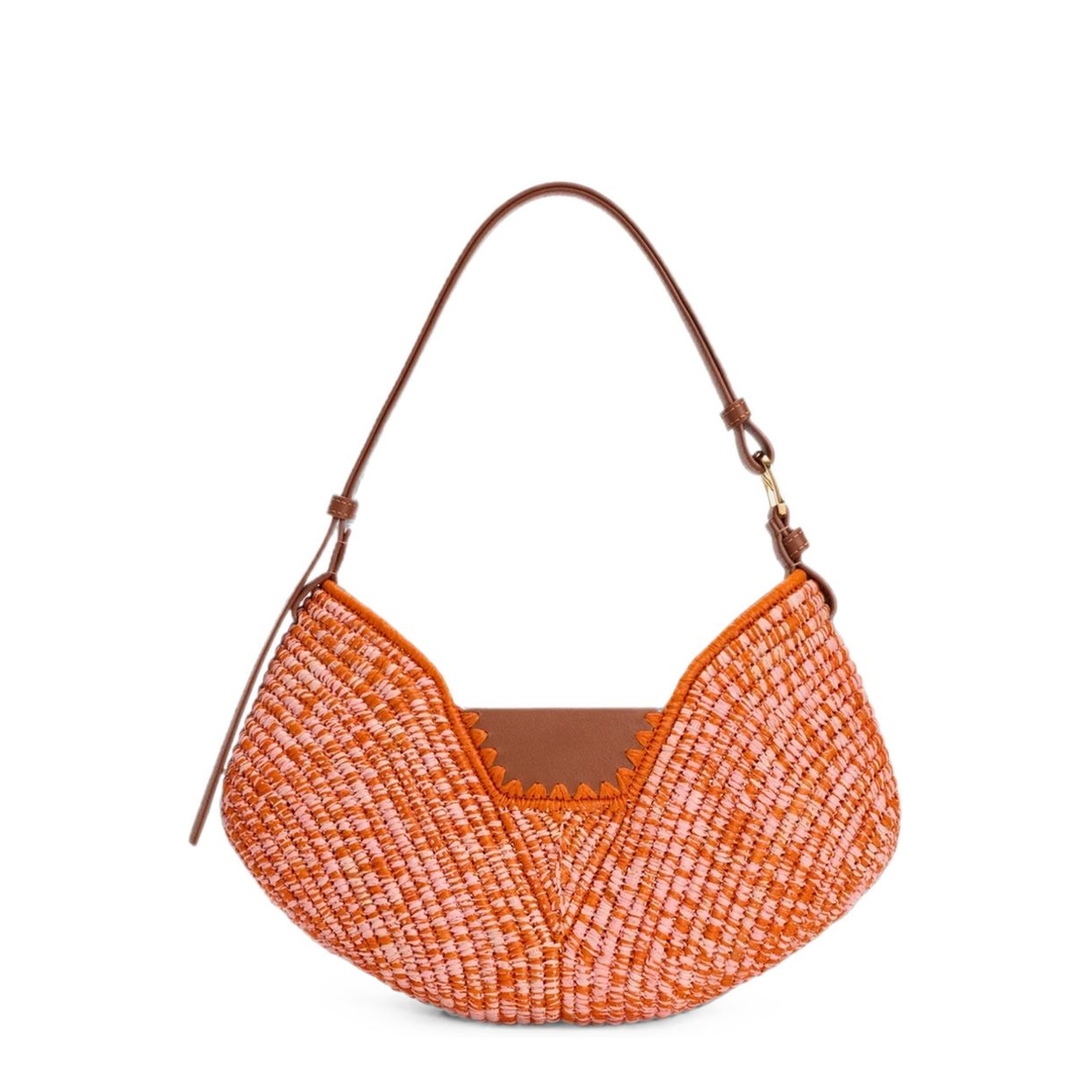 Paula's Ibiza Medium Raffia and Calfskin Shoulder Bag - Bright Orange/Pink - Image 4