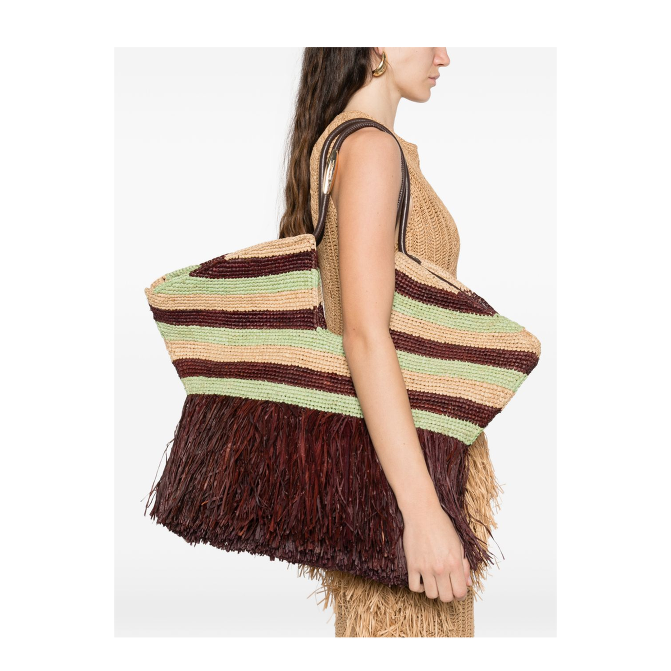 Goldentime Large Raffia Tote - Burgundy Stripe - Image 5
