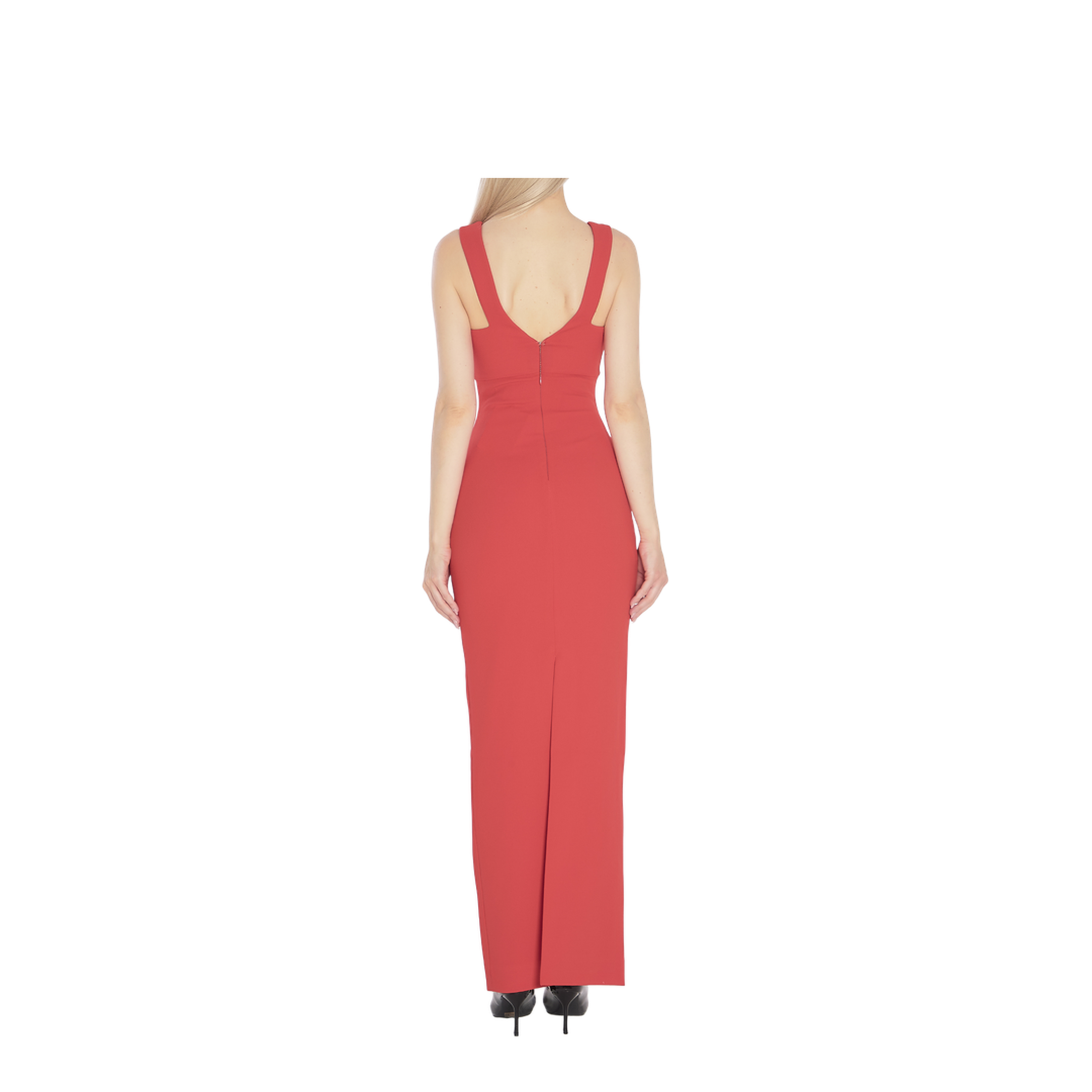 Red Sleeveless Design V-Neckline Fitted Bodice Maxi Length Straight Skirt - Image 4