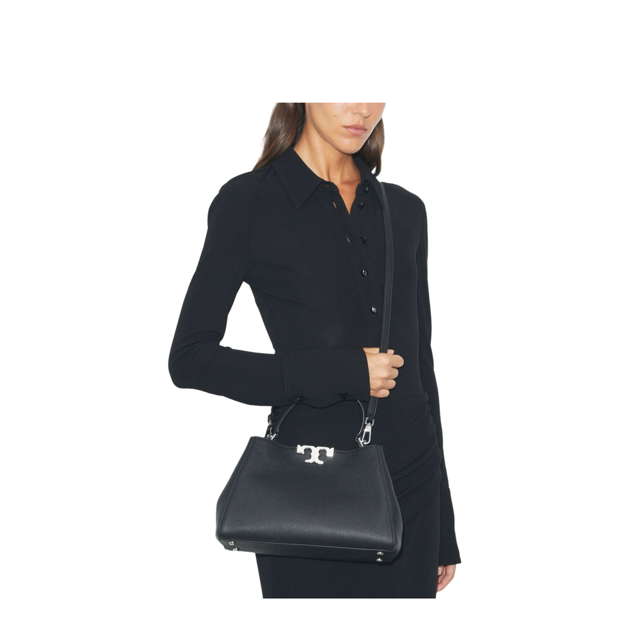Eleanor Medium Pebbled Leather Satchel - Black - Image 5