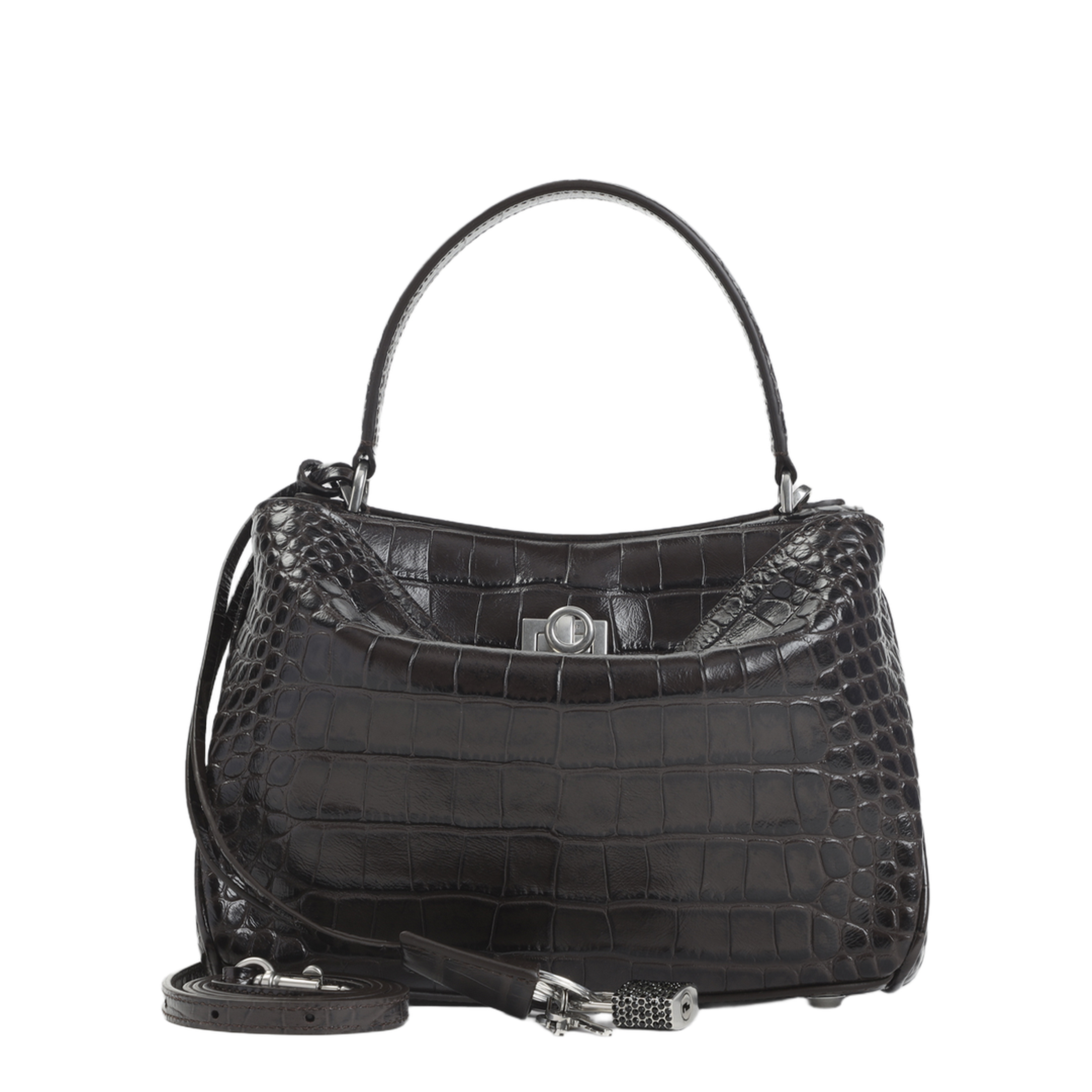 Rodeo Medium Crocodile Embossed Suede Calfskin Handbag - Dark Brown - Image 2
