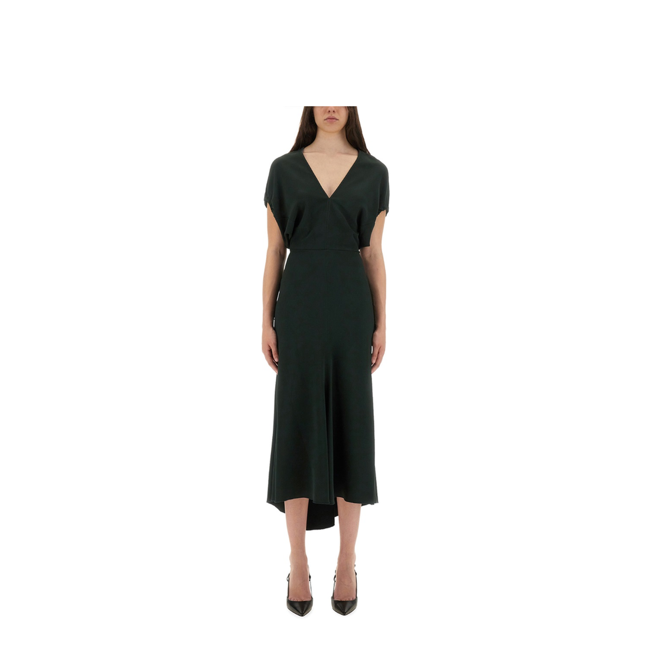 V-Neck Blouson Midi Dress in Black - Image 1