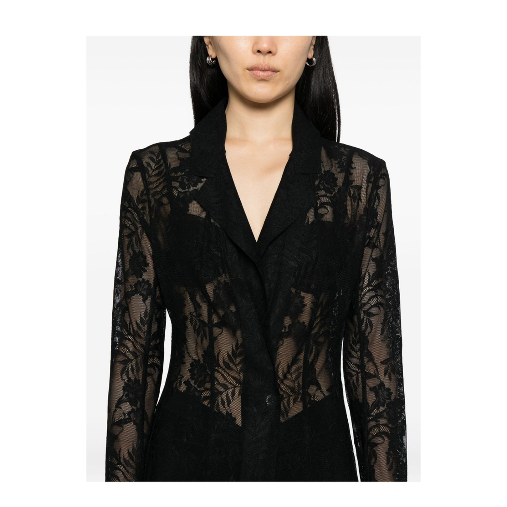 Black Open Front Floral-Lace Detailing Long Coat - Image 2