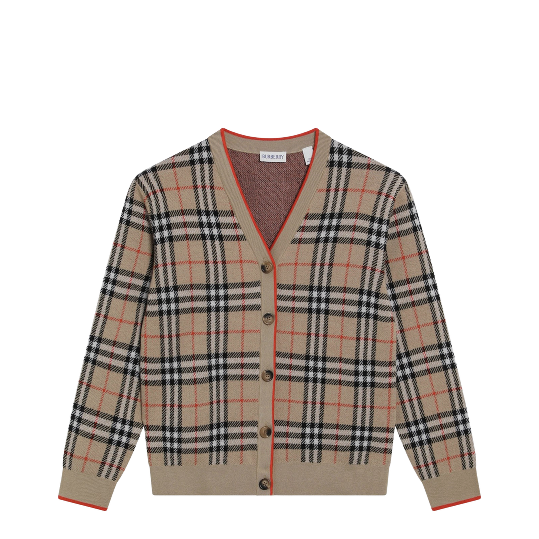 Beige Wool Cardigan with Check Motif - Image 1