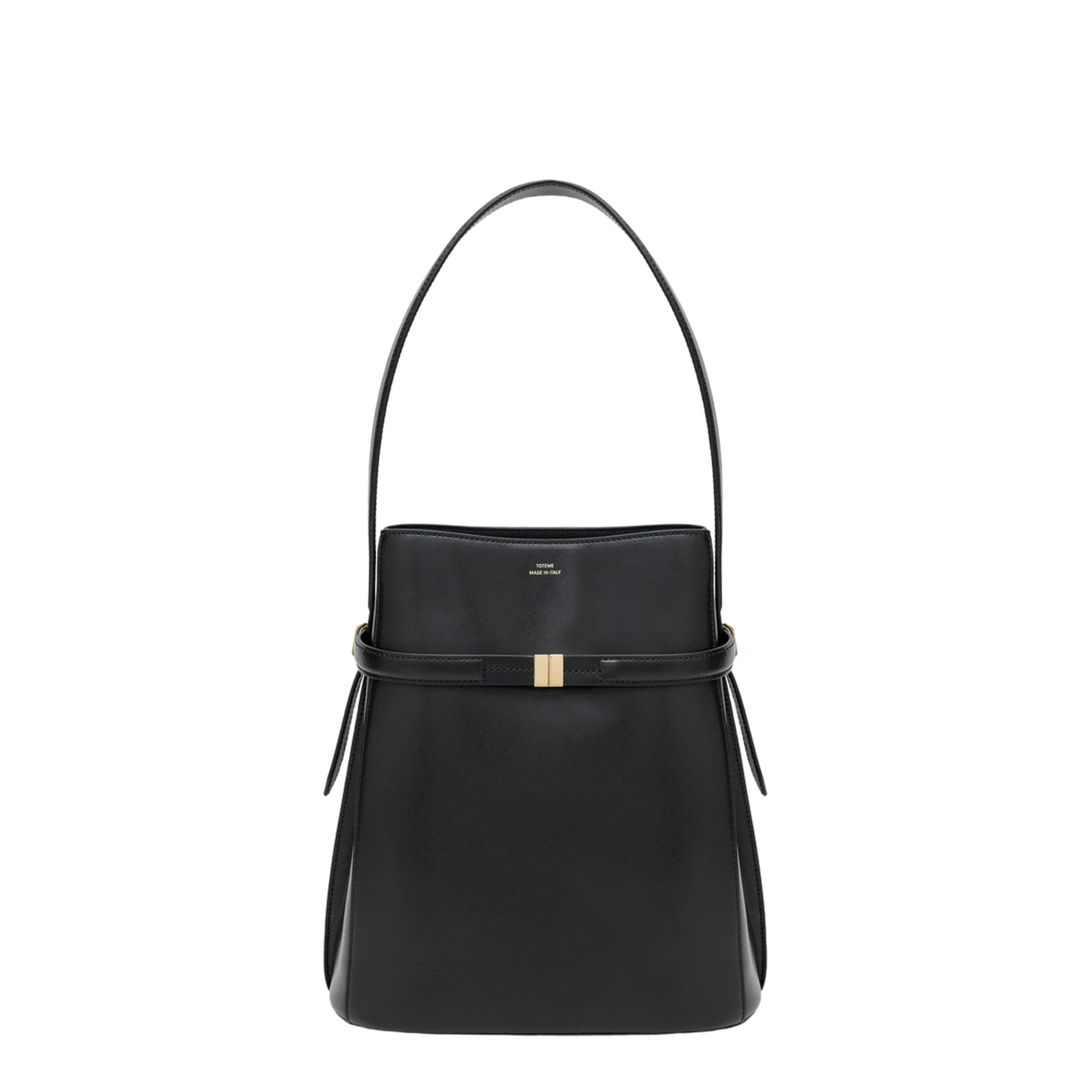Black Leather Bucket Bag with Strap - Image 1