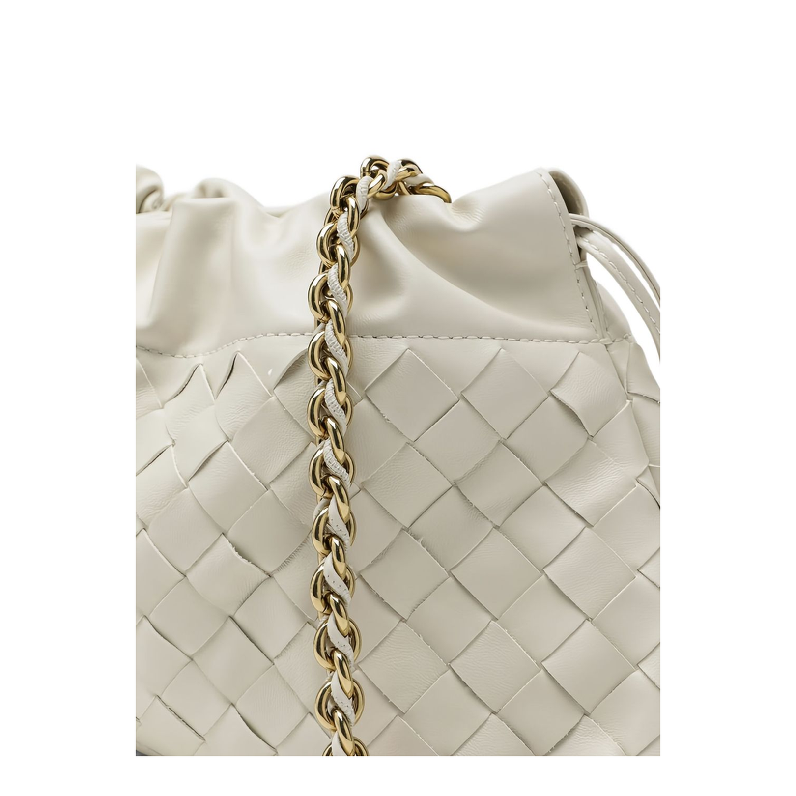 Off-White Leather Woven Design Drawstring Closure Chain-Link Shoulder Strap Gold-Tone Hardware - Image 4
