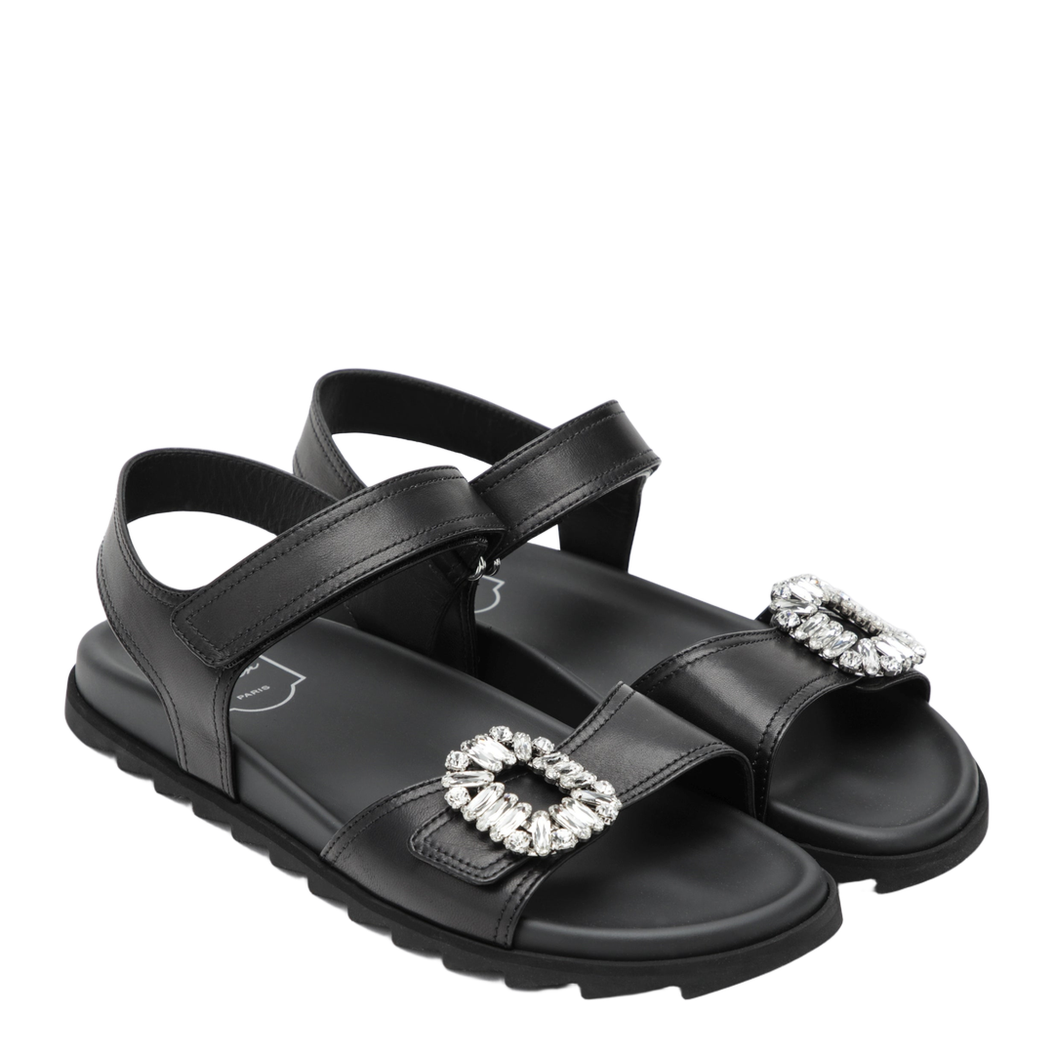Black Leather Sandals With Crystal Buckle - Image 2