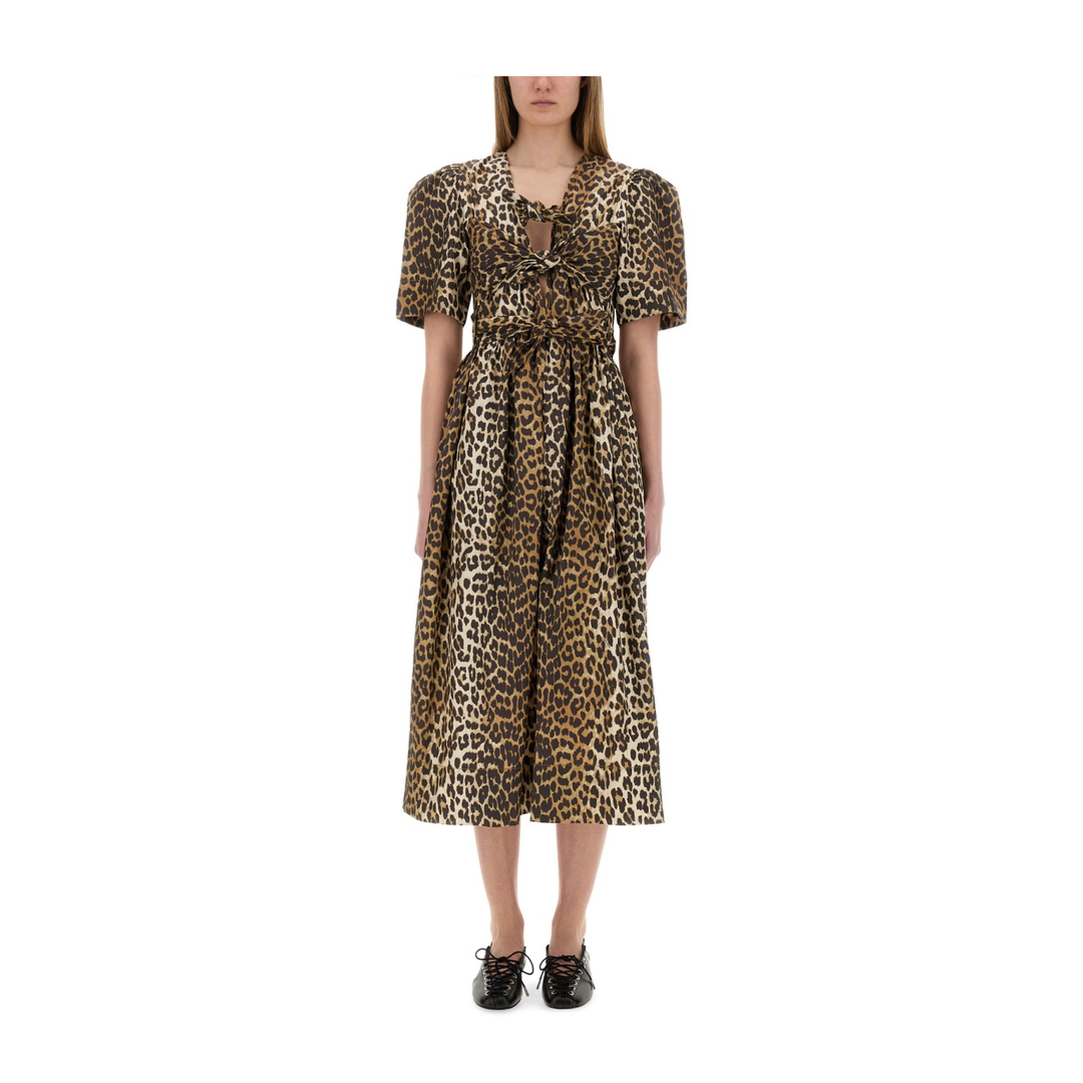 Leopard Print Tie Strap Midi Dress In Brown - Image 1