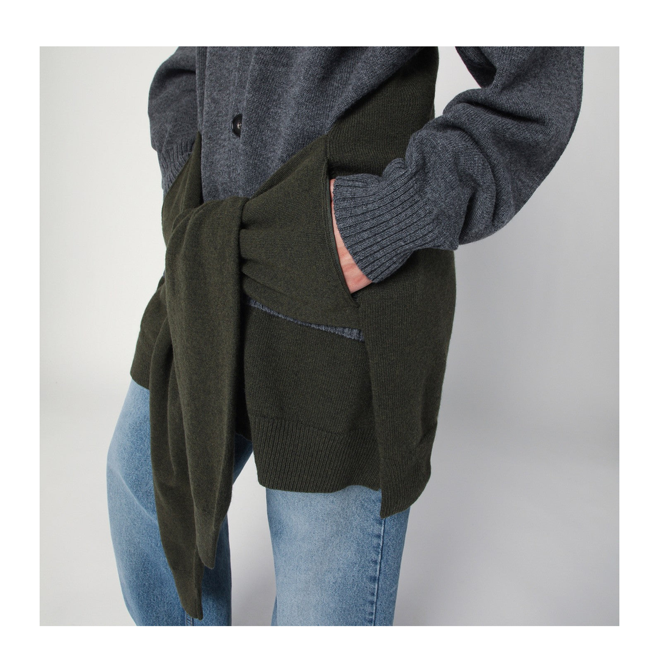 Grey Dark Green Cardigan with Crossed Sleeves - Image 2